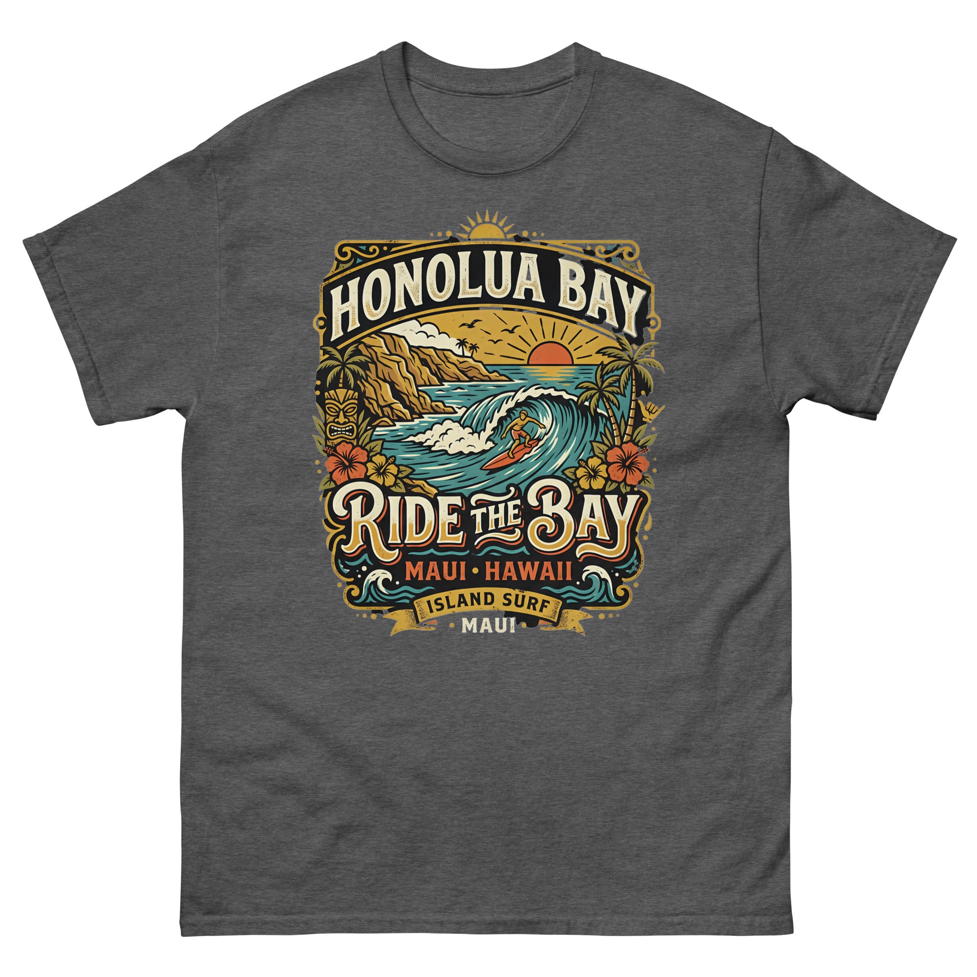 Honolua Bay Ride the Bay Hawaiian t-shirt design on a Dark Heather unisex tee