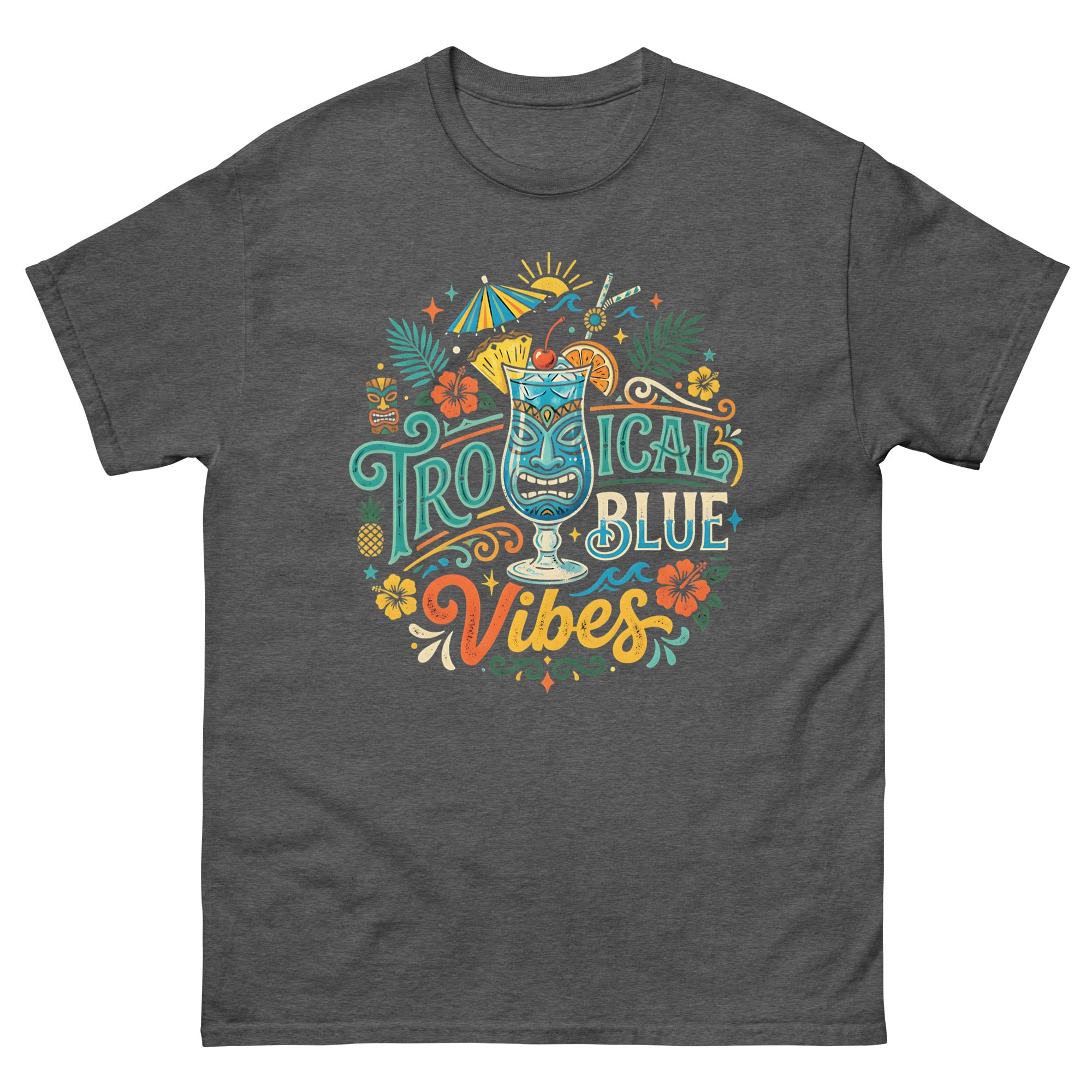 Blue Hawaii Island Paradise v4 Hawaiian t-shirt design on a Dark Heather unisex tee