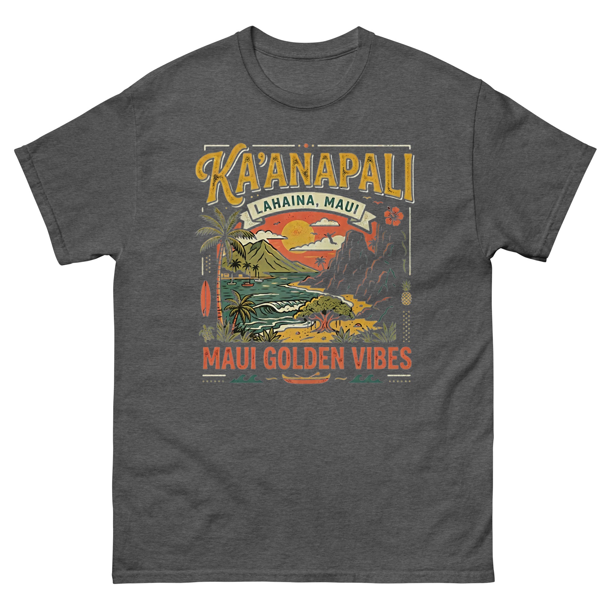Kaanapali Lahaina Maui Golden Vibes v2 Hawaiian t-shirt design on a Dark Heather unisex tee