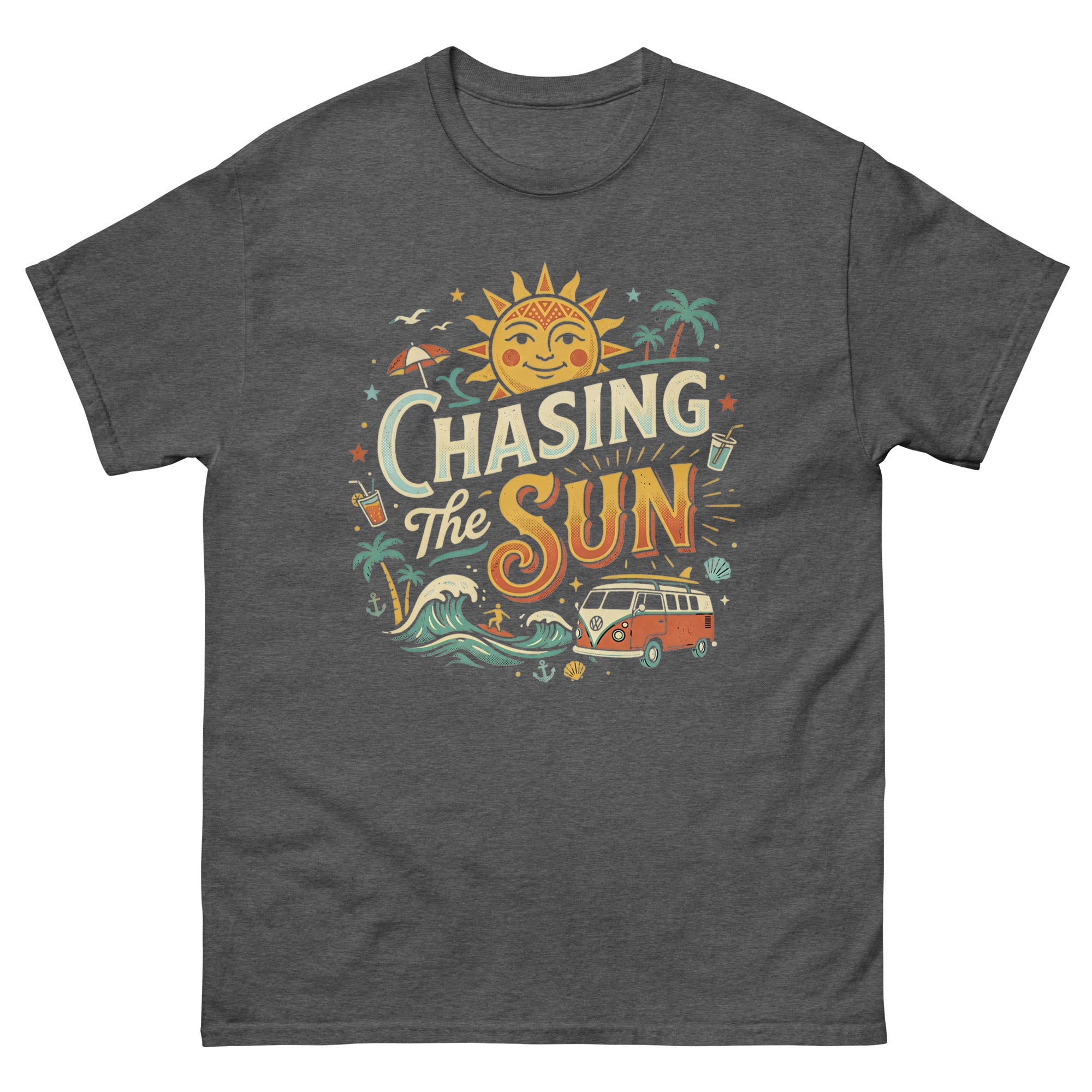 Chasing the Sun v1 Hawaiian t-shirt design on a Dark Heather unisex tee