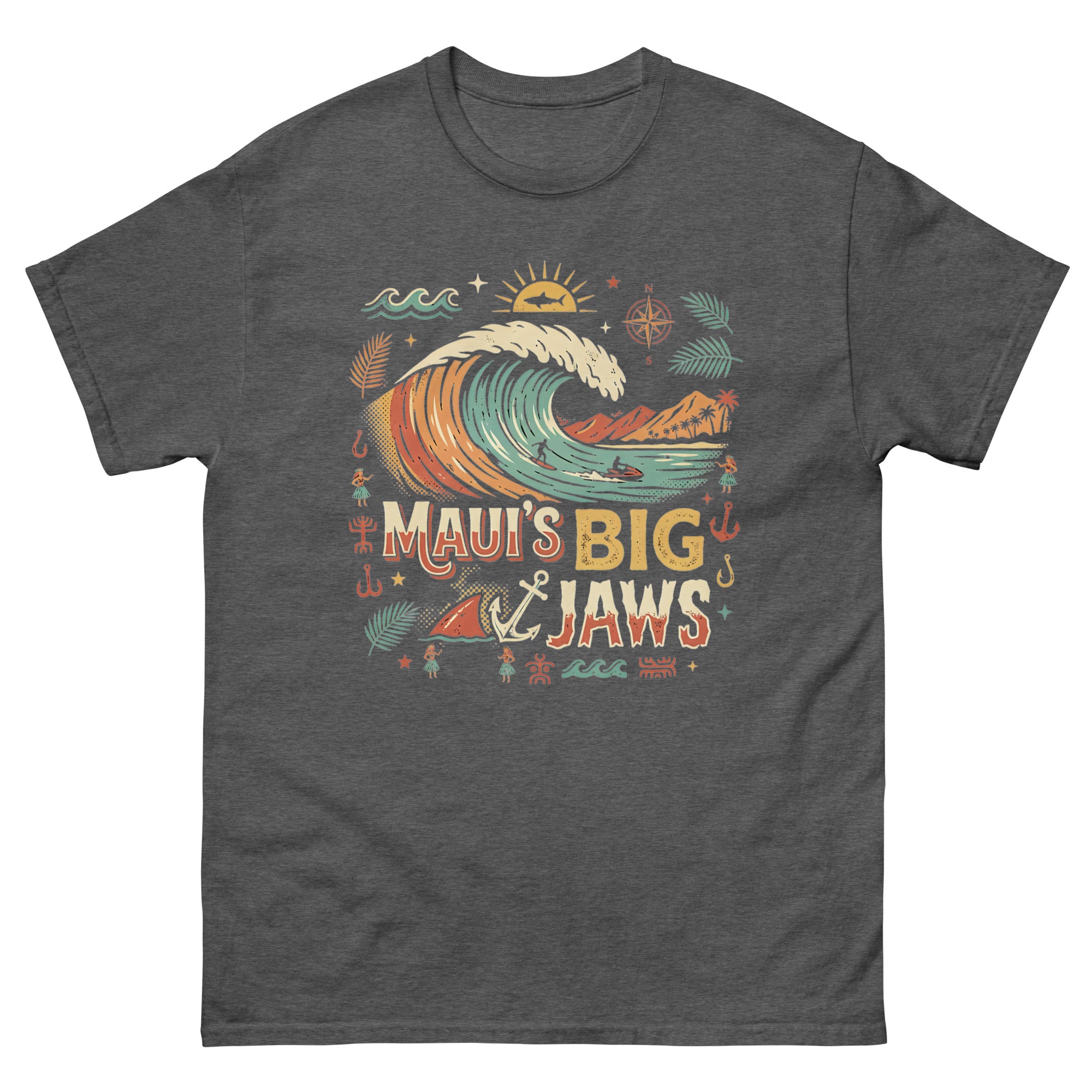 Mauis Big Jaws Hawaiian t-shirt design on a Dark Heather unisex tee