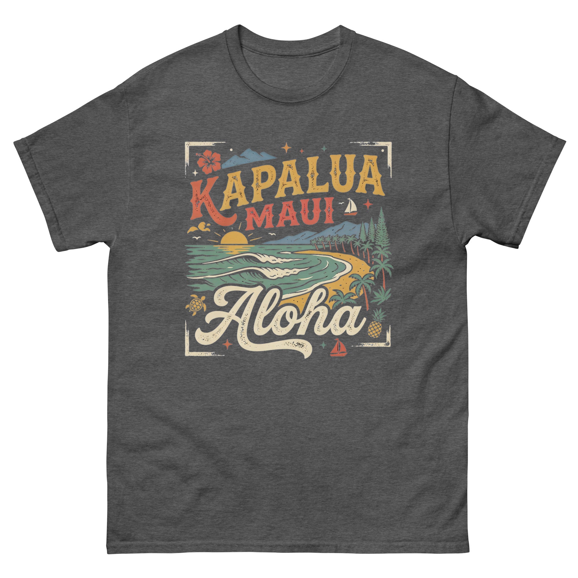 Kapalua Maui Aloha Hawaiian t-shirt design on a Dark Heather unisex tee