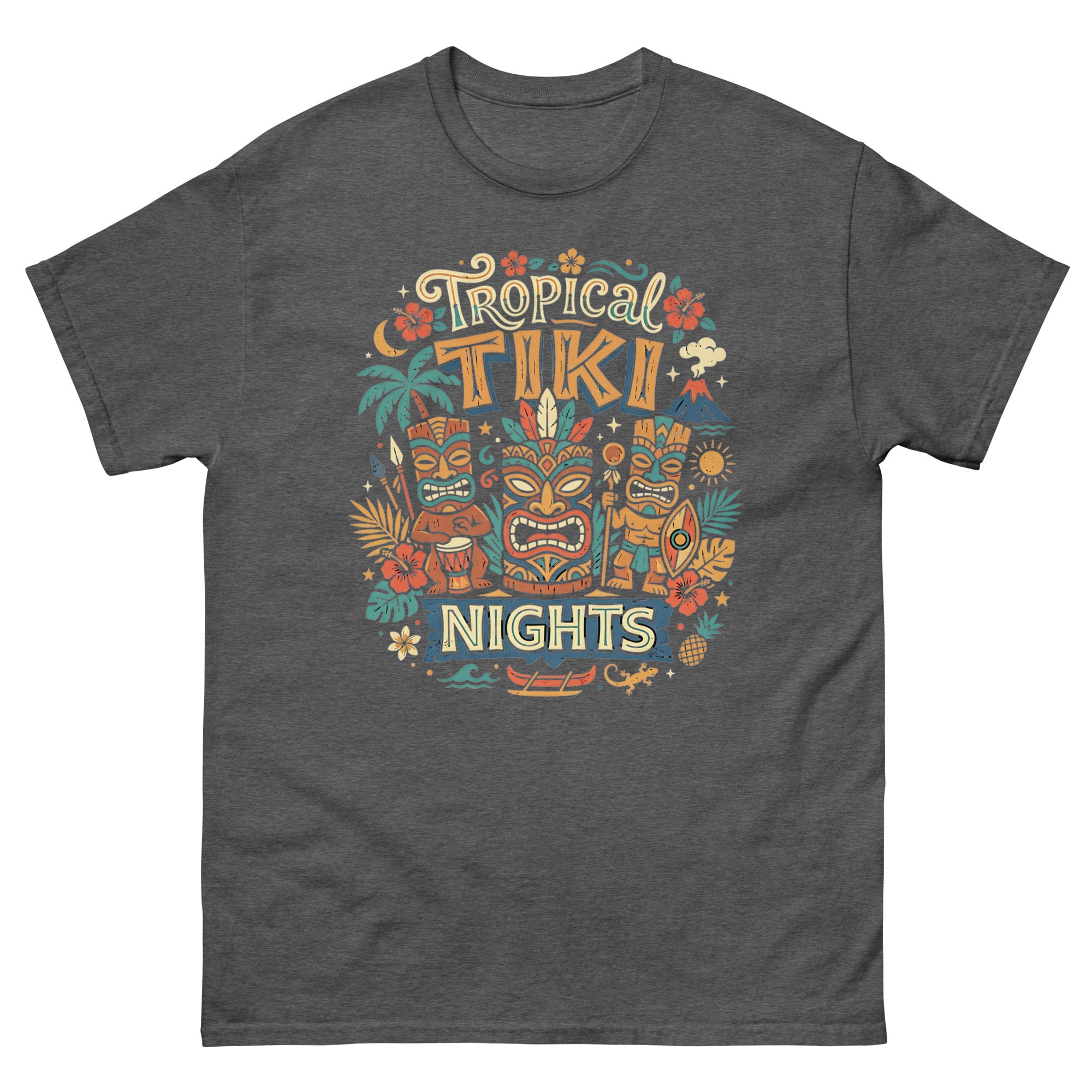 Tropical Tiki Nights v1 Hawaiian t-shirt design on a Dark Heather unisex tee