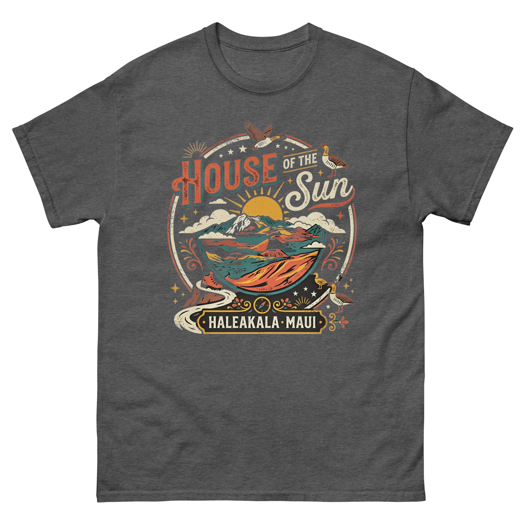 House of the Sun Haleakala Maui Hawaiian t-shirt design on a Dark Heather unisex tee