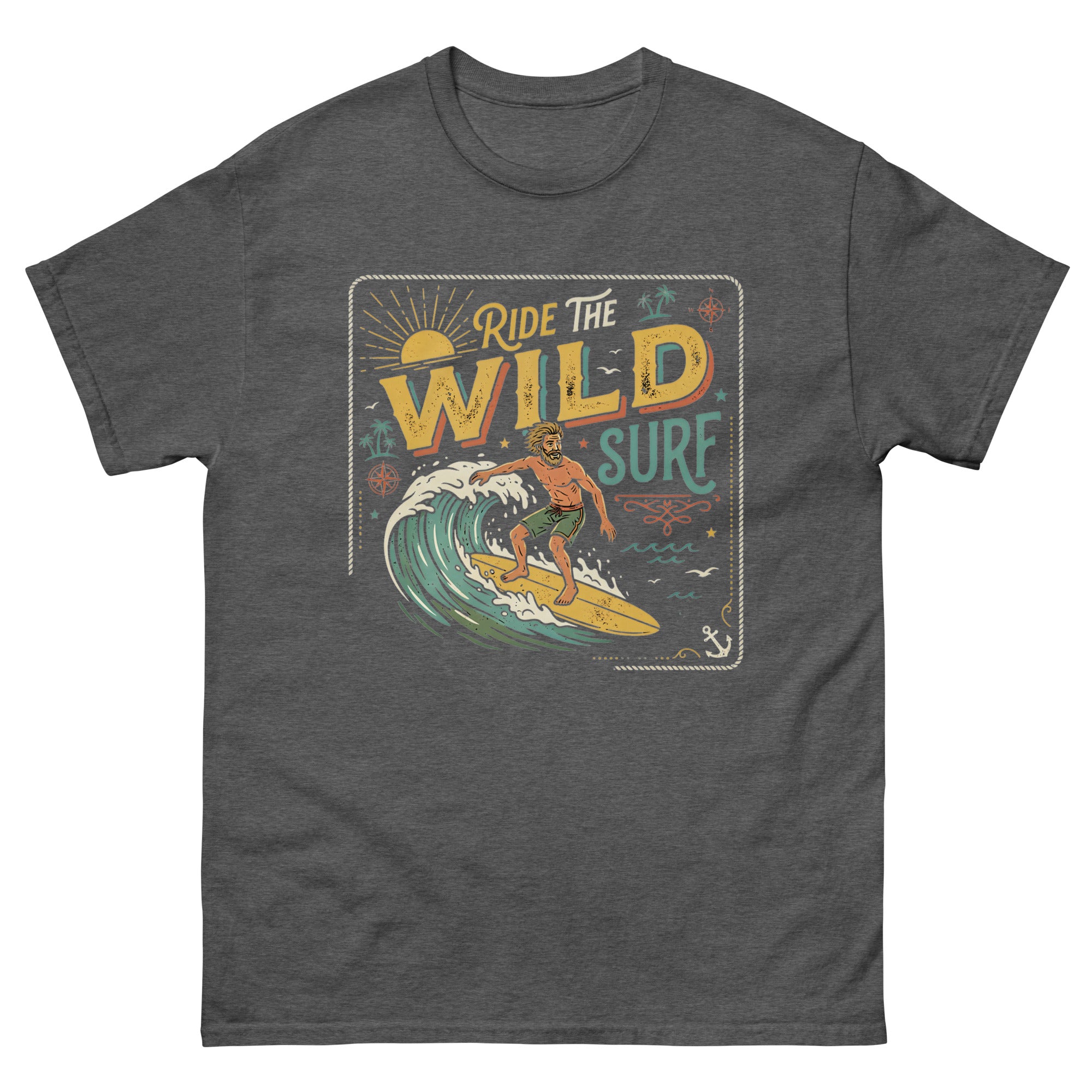 Ride the Wild Surf Hawaiian t-shirt design on a Dark Heather unisex tee