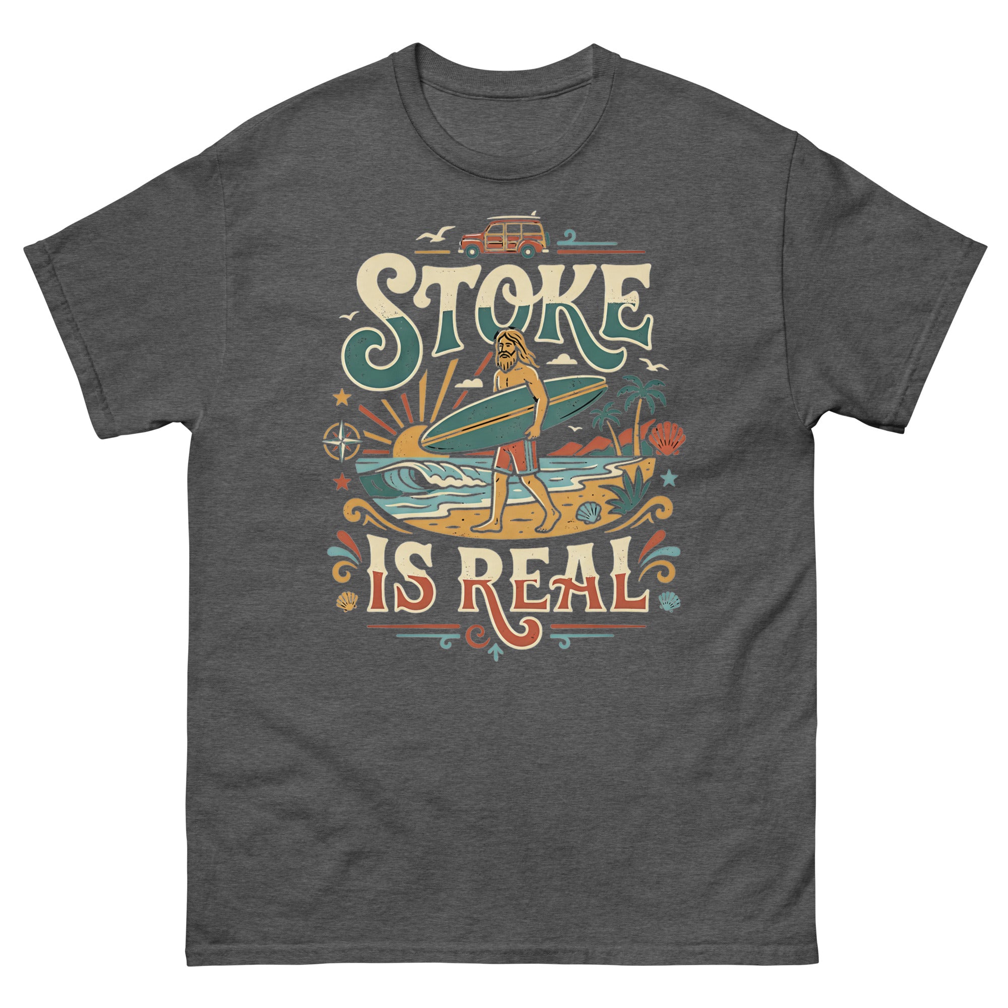 Stoke Is Real v3 Hawaiian t-shirt design on a Dark Heather unisex tee