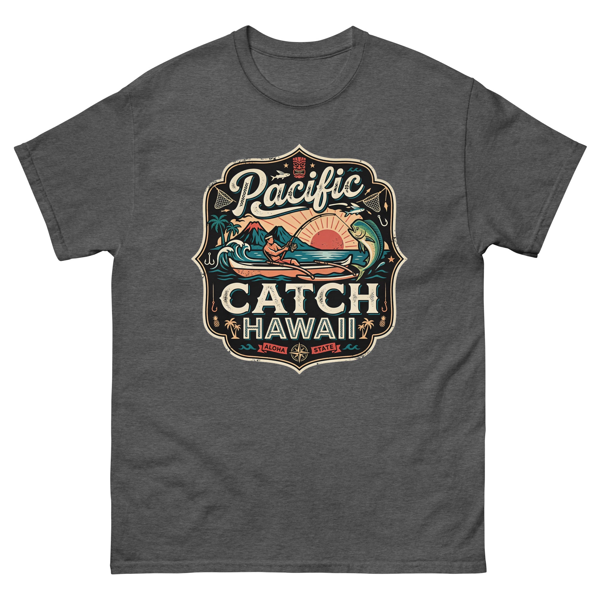 Pacific Catch Hawaii Hawaiian t-shirt design on a Dark Heather unisex tee
