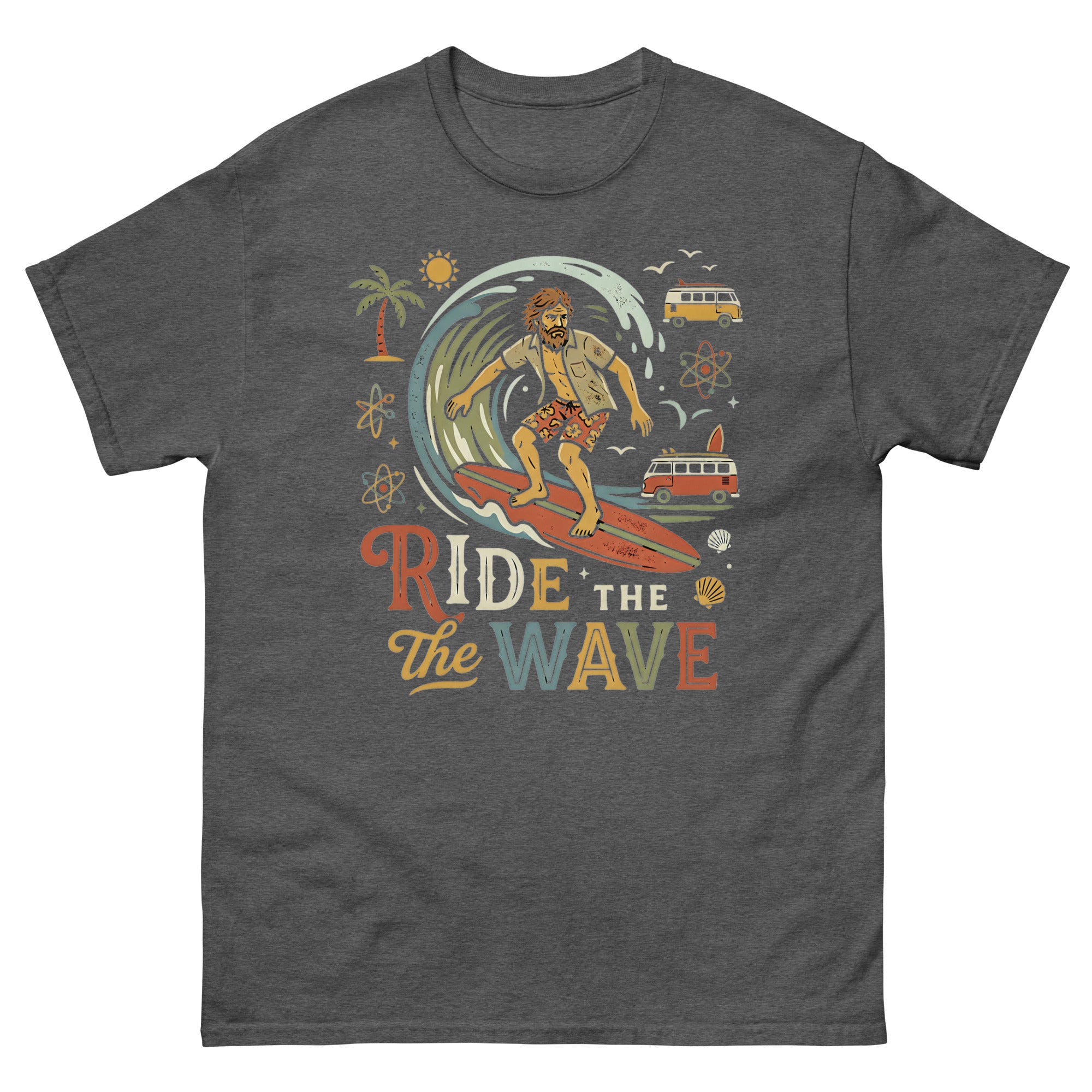 Ride the Wave Hawaiian t-shirt design on a Dark Heather unisex tee