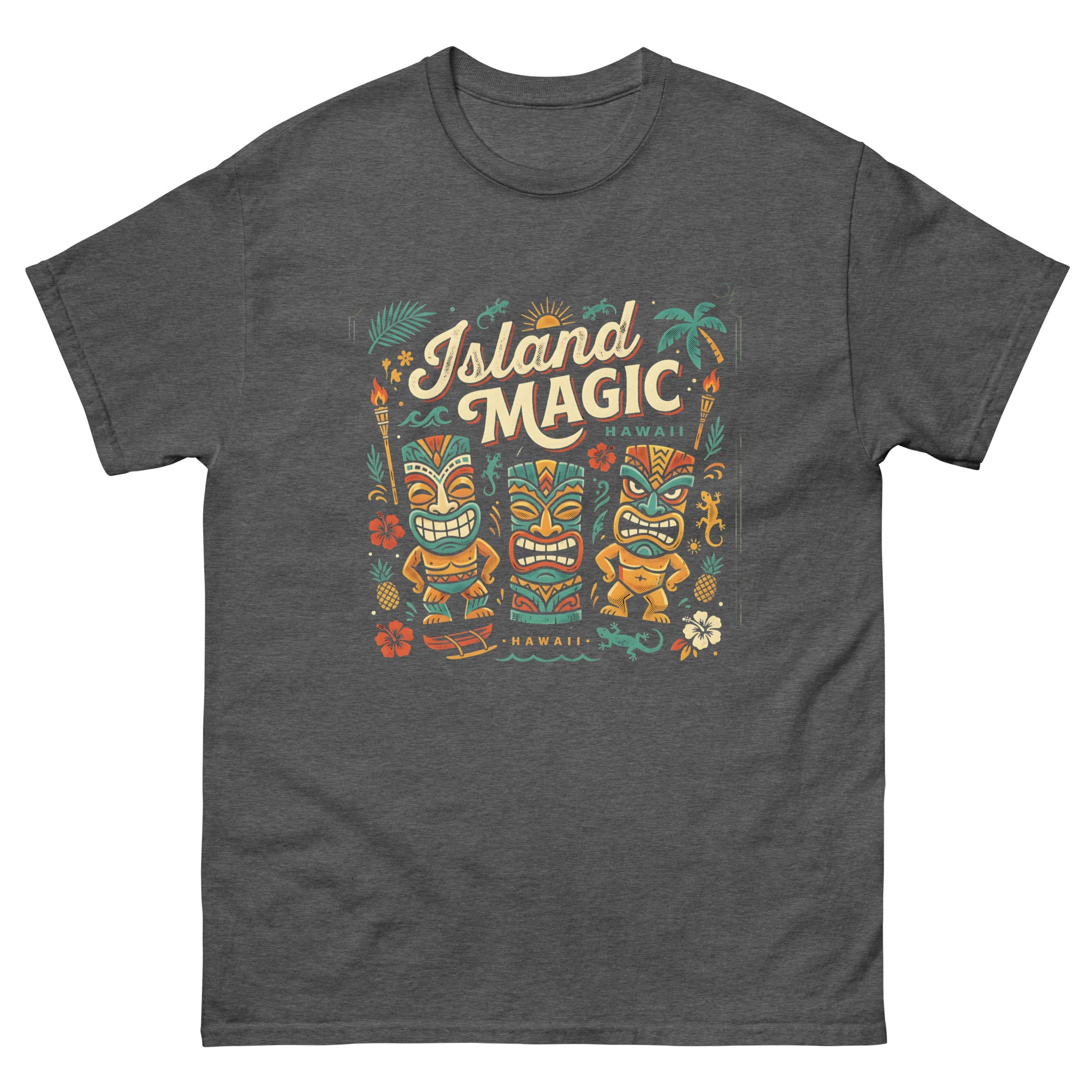 Tropical Tiki Nights v3 Hawaiian t-shirt design on a Dark Heather unisex tee