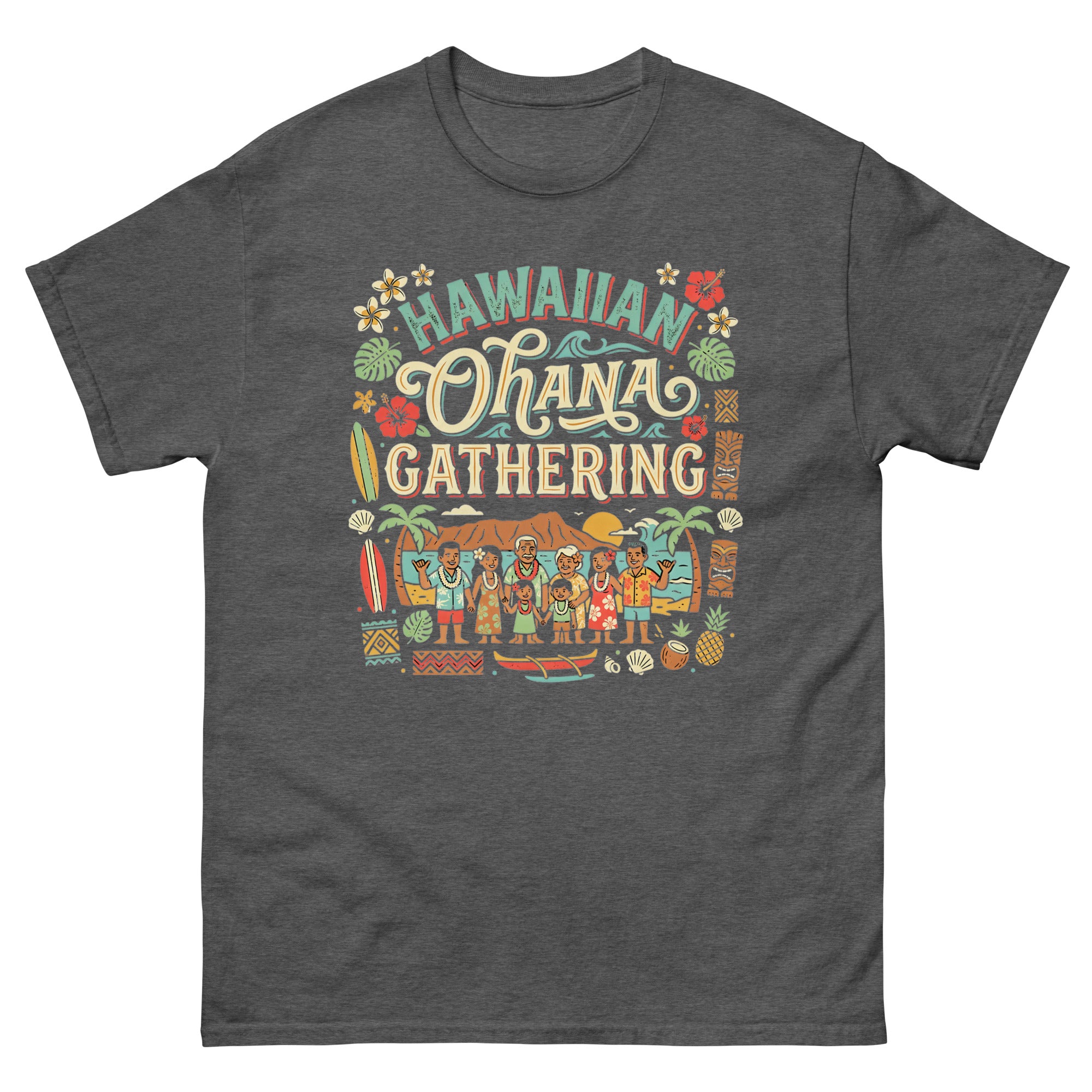 Ohana Family Reunion Gathering v3 Hawaiian t-shirt design on a Dark Heather unisex tee