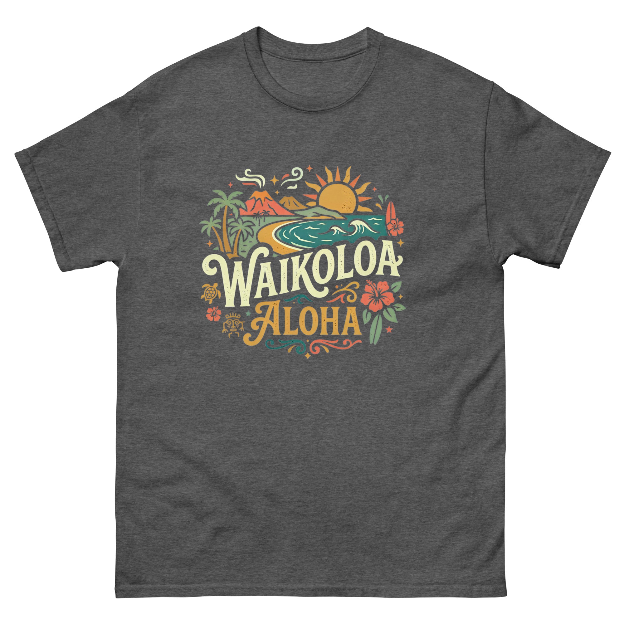 Waikoloa Aloha Hawaiian t-shirt design on a Dark Heather unisex tee