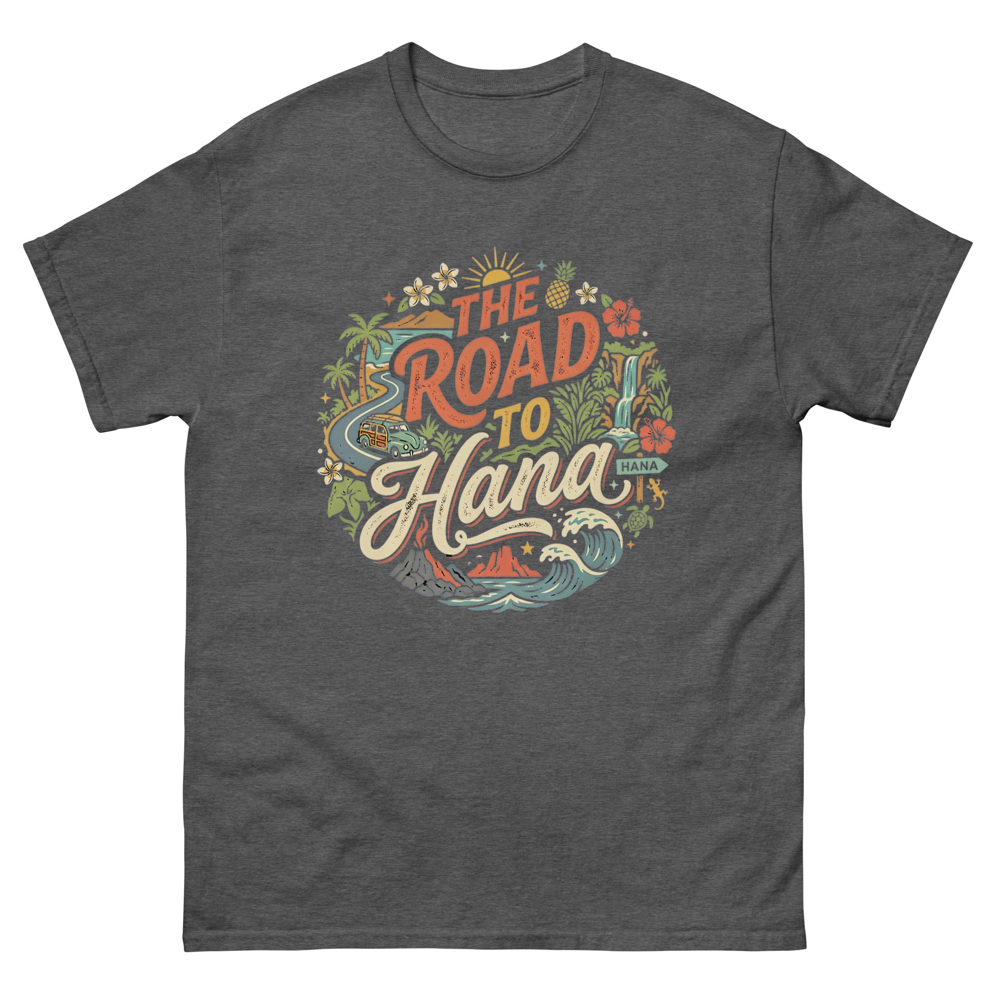 The Road to Hana Hawaiian t-shirt design on a Dark Heather unisex tee