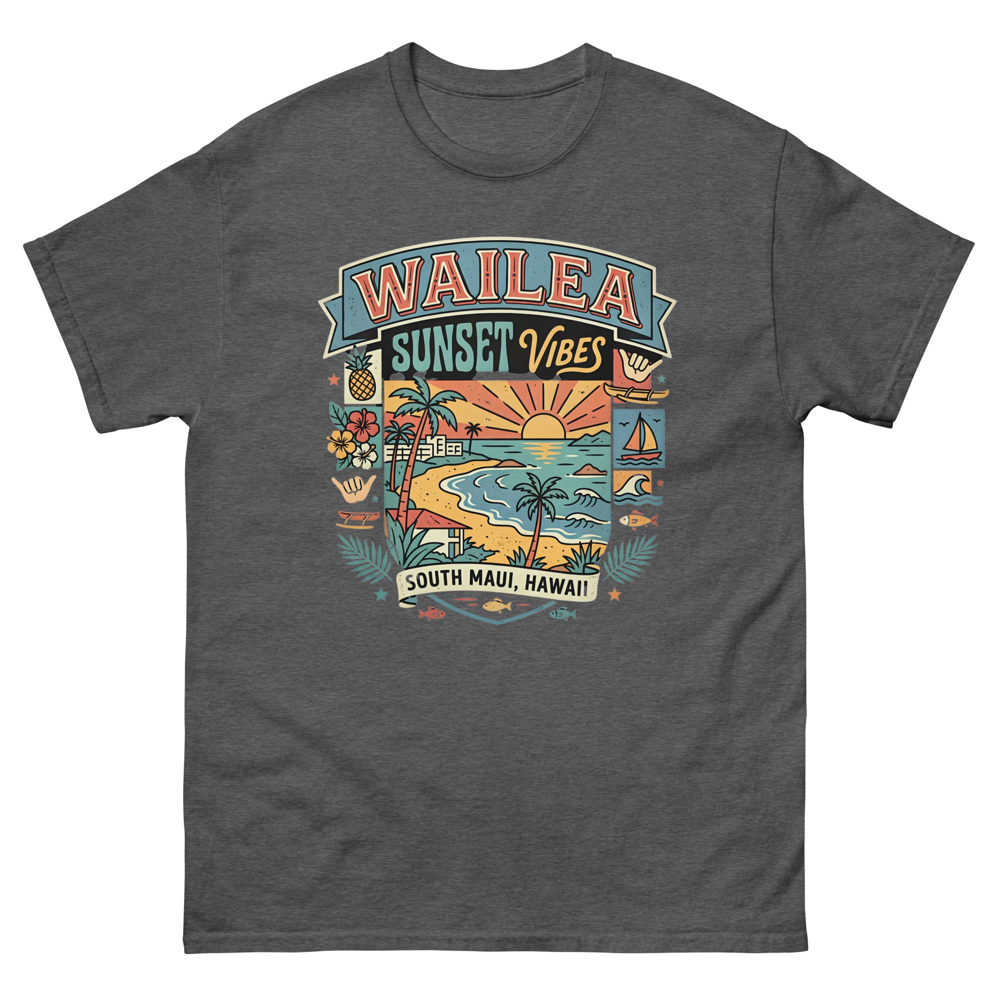 Wailea Maui Aloha Beach Hawaiian t-shirt design on a Dark Heather unisex tee