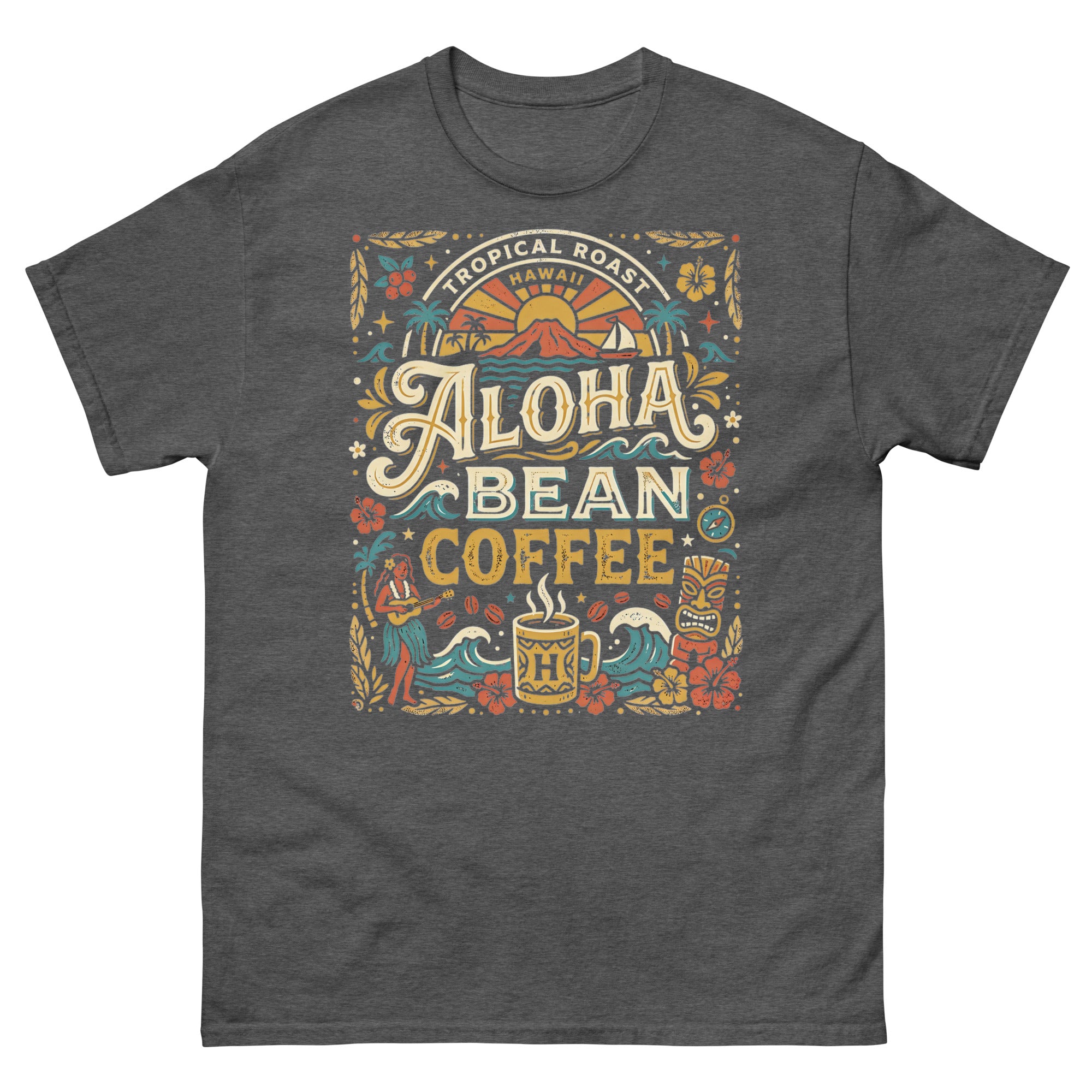 Tropical Roast Aloha Bean Coffee Hawaiian t-shirt design on a Dark Heather unisex tee