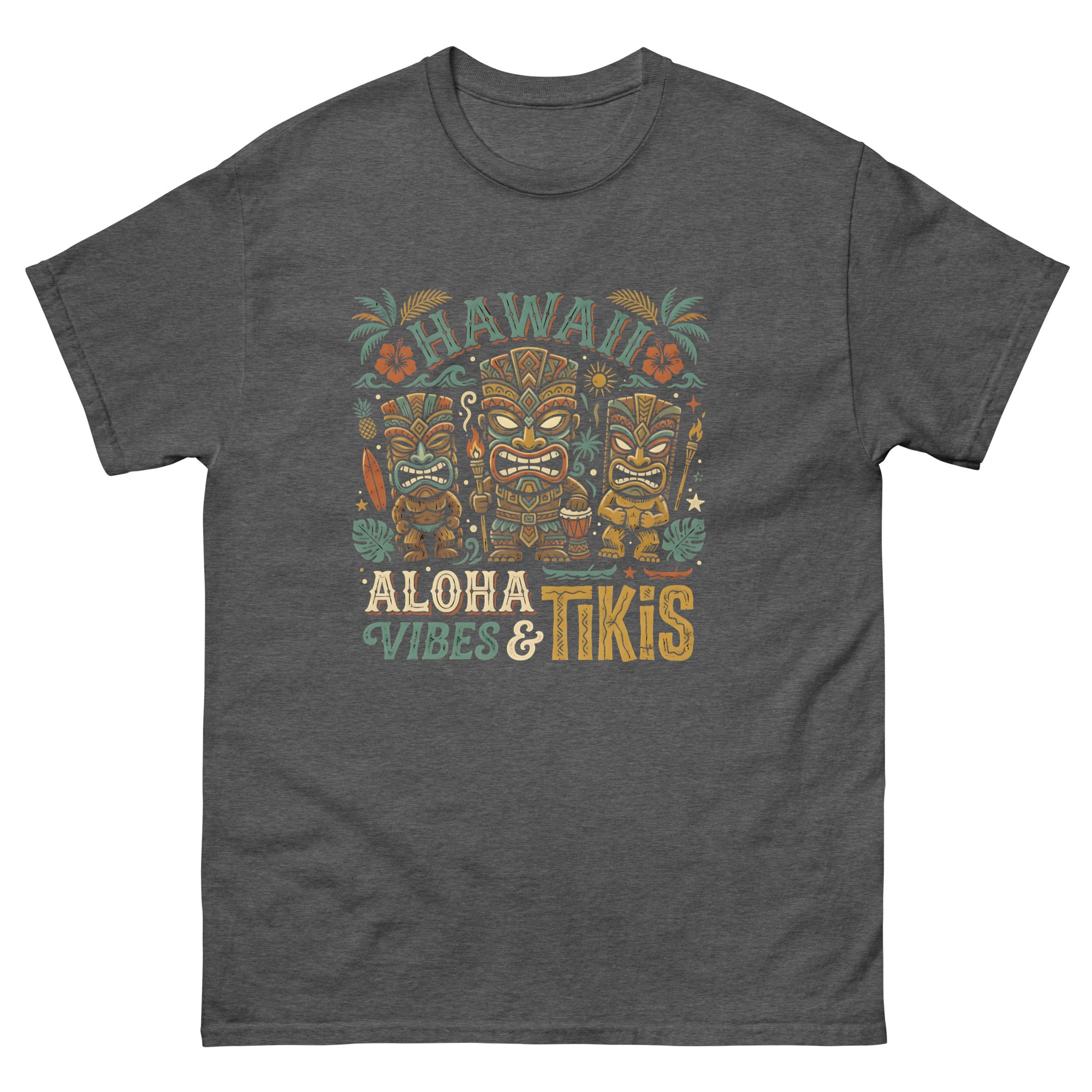 Tropical Tiki Nights v4 Hawaiian t-shirt design on a Dark Heather unisex tee