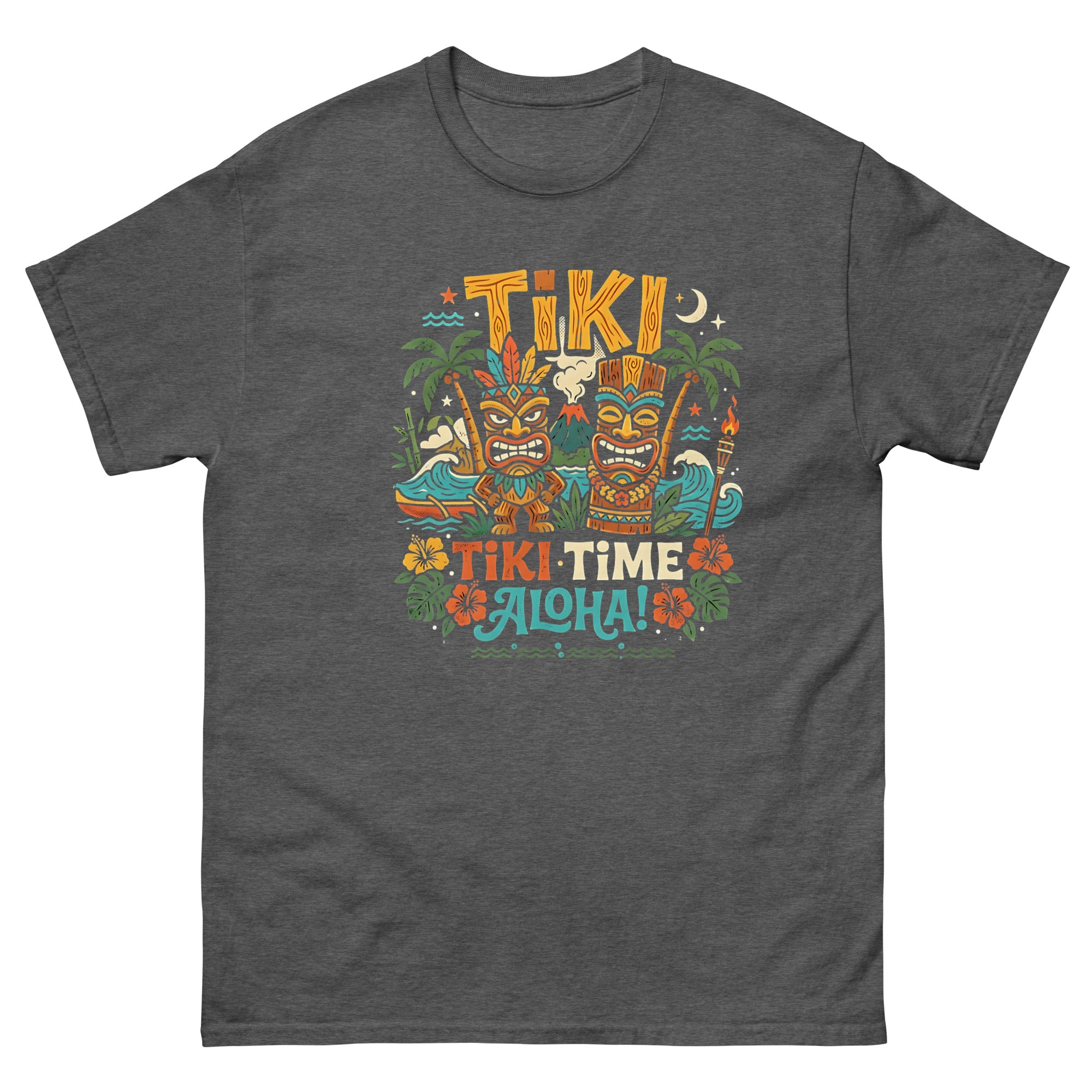 Tropical Tiki Nights v2 Hawaiian t-shirt design on a Dark Heather unisex tee
