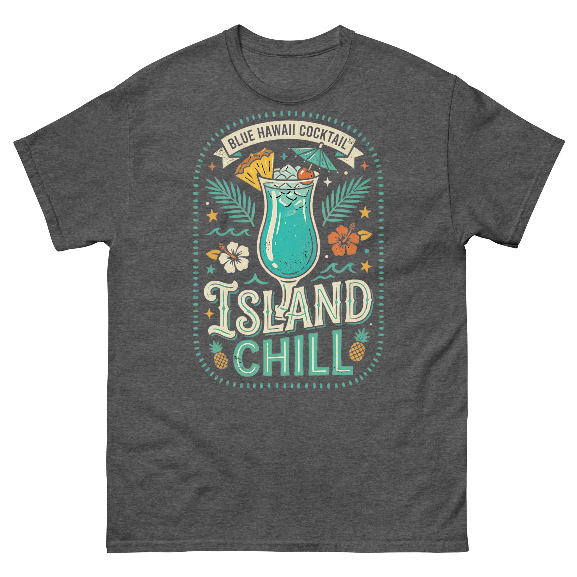 Blue Hawaii Island Paradise Hawaiian t-shirt design on a Dark Heather unisex tee