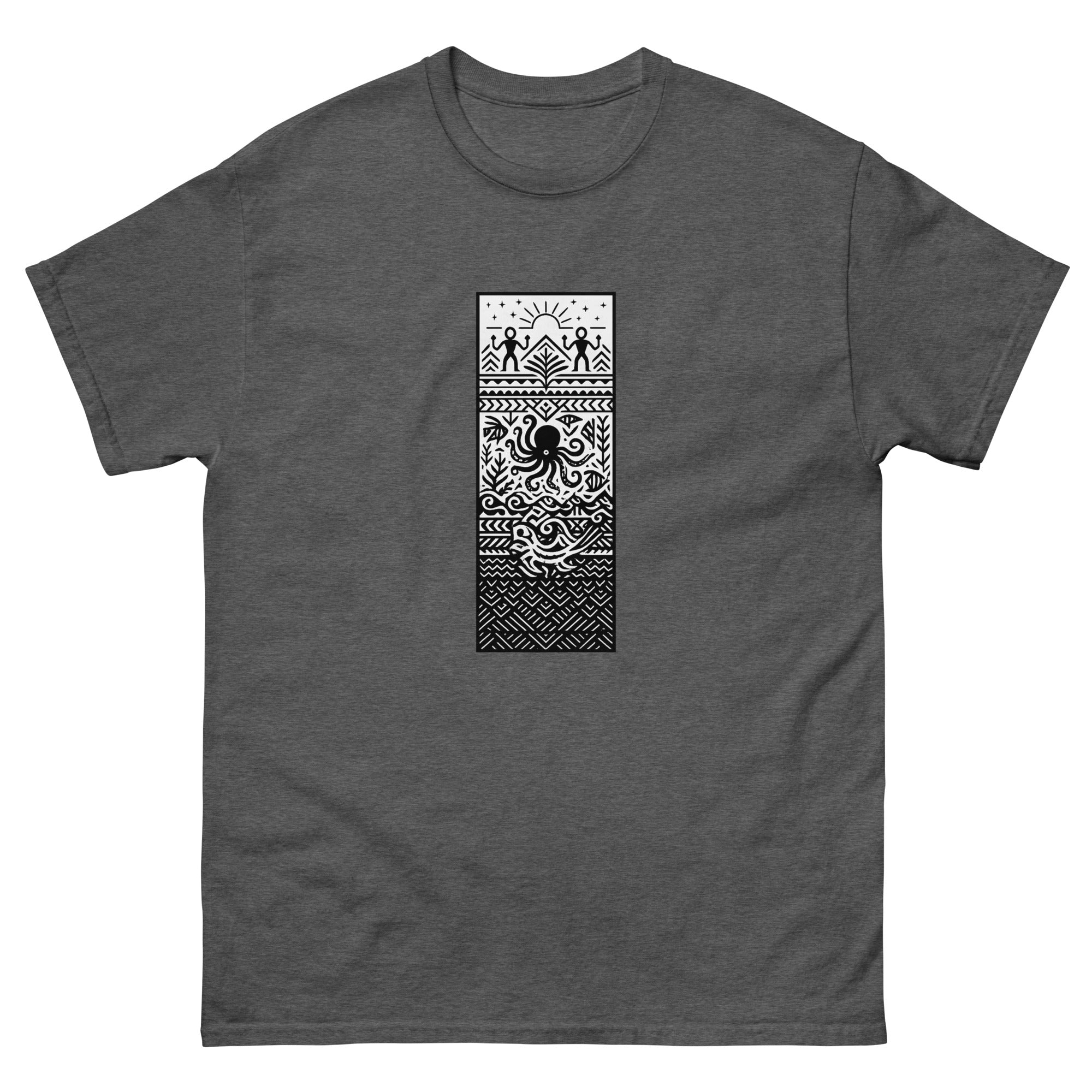 Kumulipo Panel Hawaiian t-shirt design on a Dark Heather unisex tee