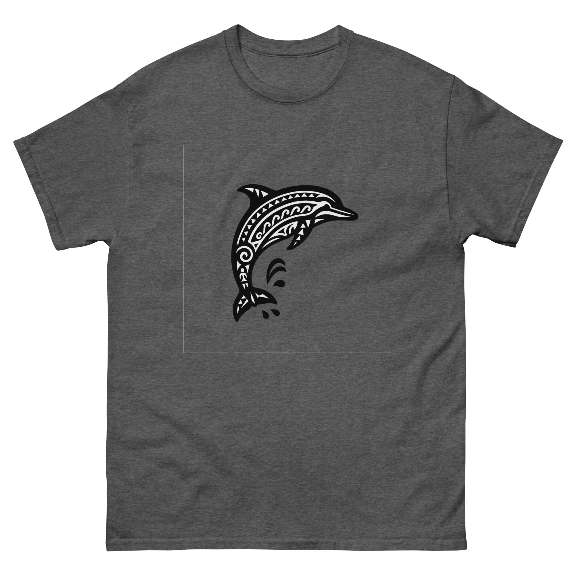 Naia Dolphin Hawaiian t-shirt design on a Dark Heather unisex tee