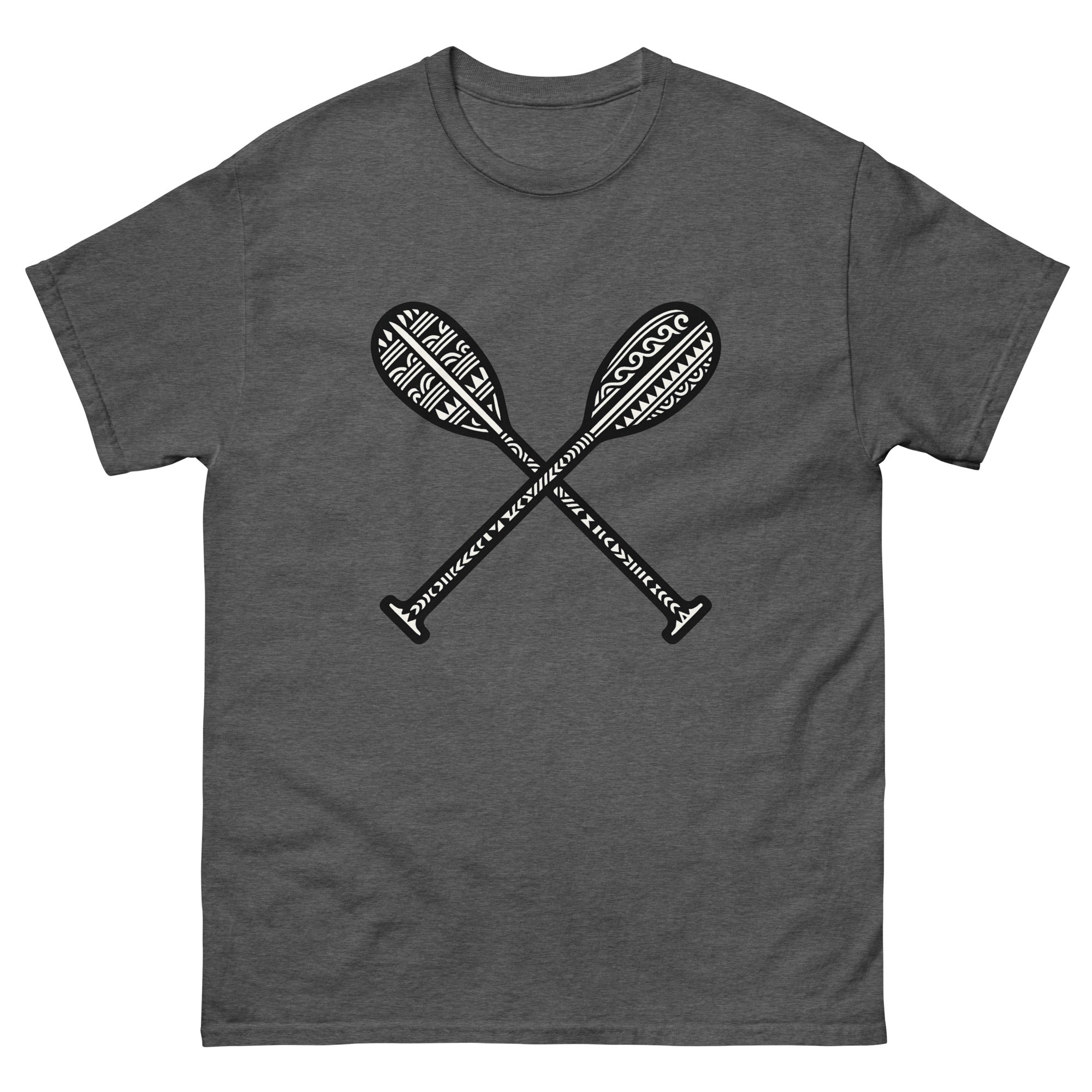 Hoe Paddle Hawaiian t-shirt design on a Dark Heather unisex tee
