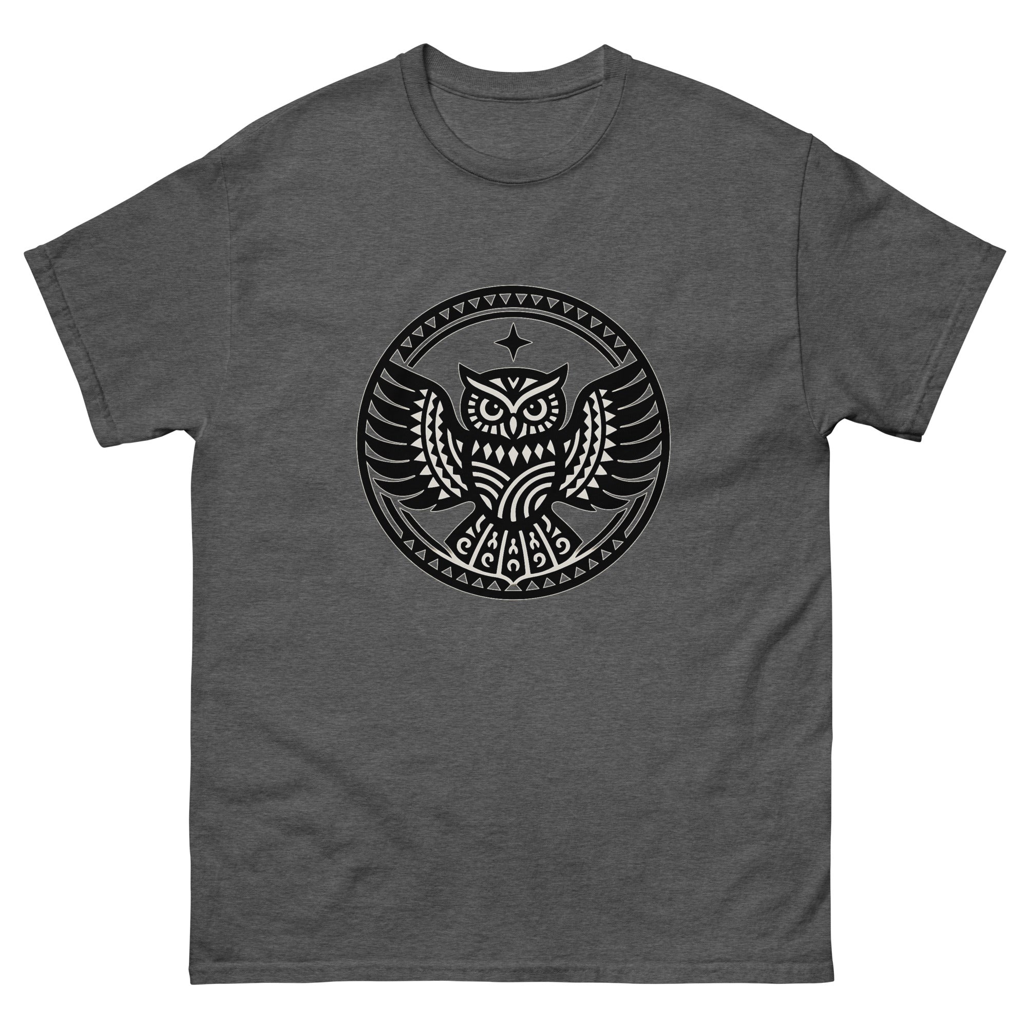 Pueo Aumakua Medallion Hawaiian t-shirt design on a Dark Heather unisex tee