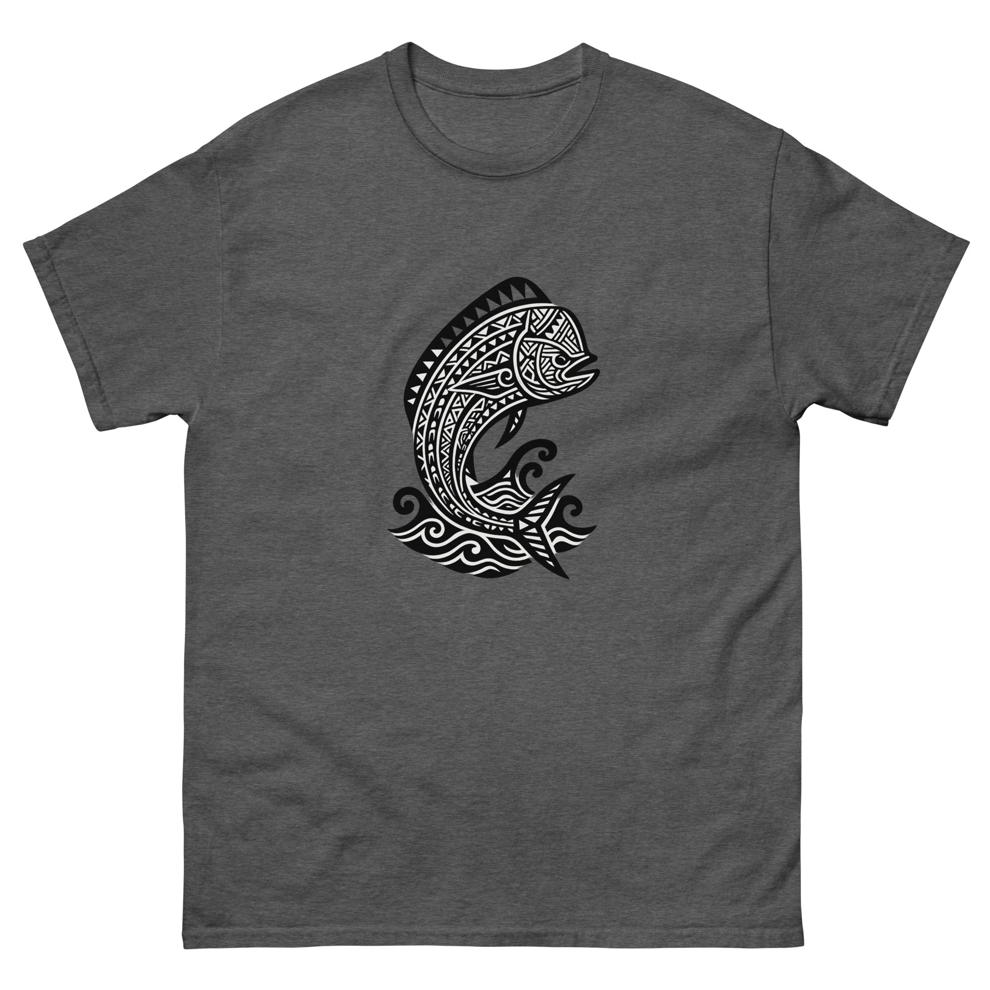 Mahimahi Kakau Hawaiian t-shirt design on a Dark Heather unisex tee