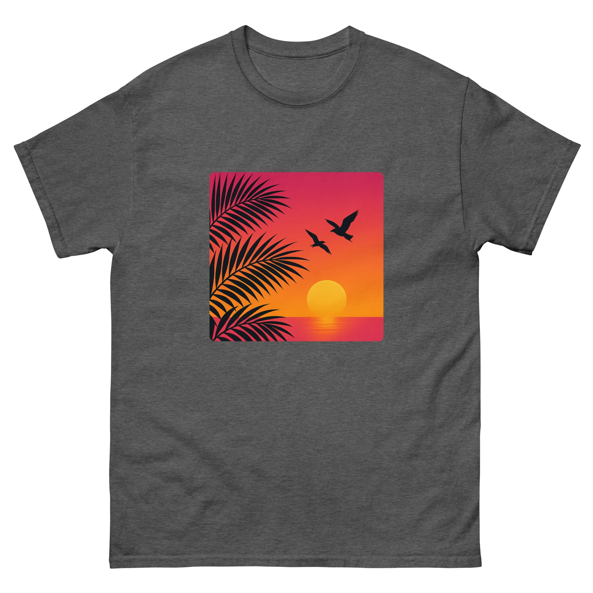 Sunset Palms Silhouette Hawaiian t-shirt design on a Dark Heather unisex tee