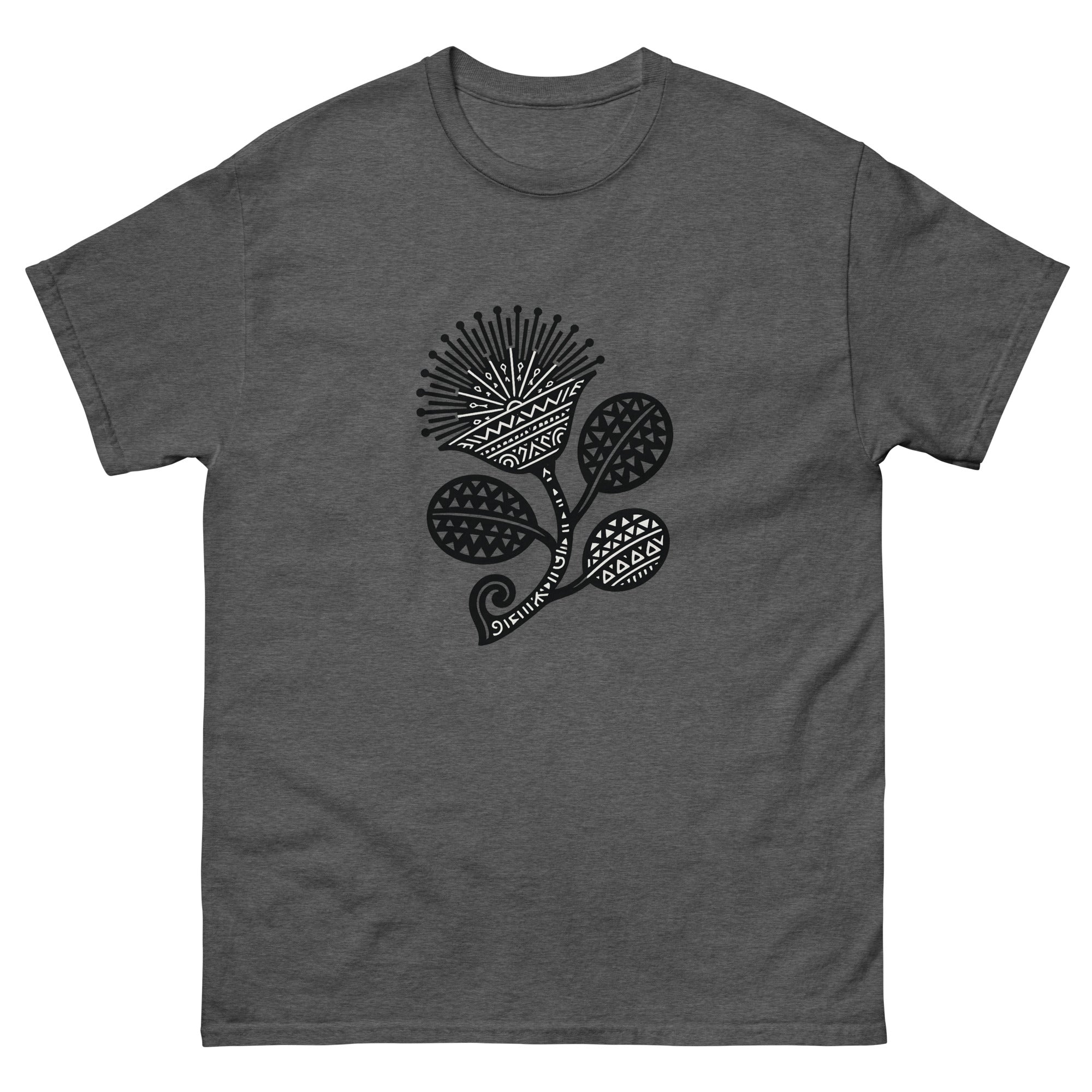 Lehua Kakau Hawaiian t-shirt design on a Dark Heather unisex tee