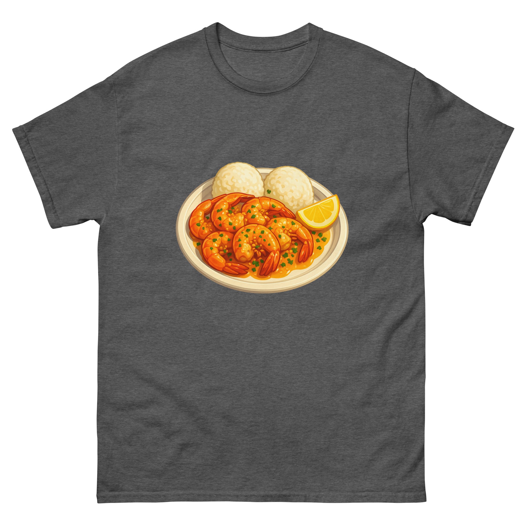 Garlic Shrimp Plate Hawaiian t-shirt design on a Dark Heather unisex tee