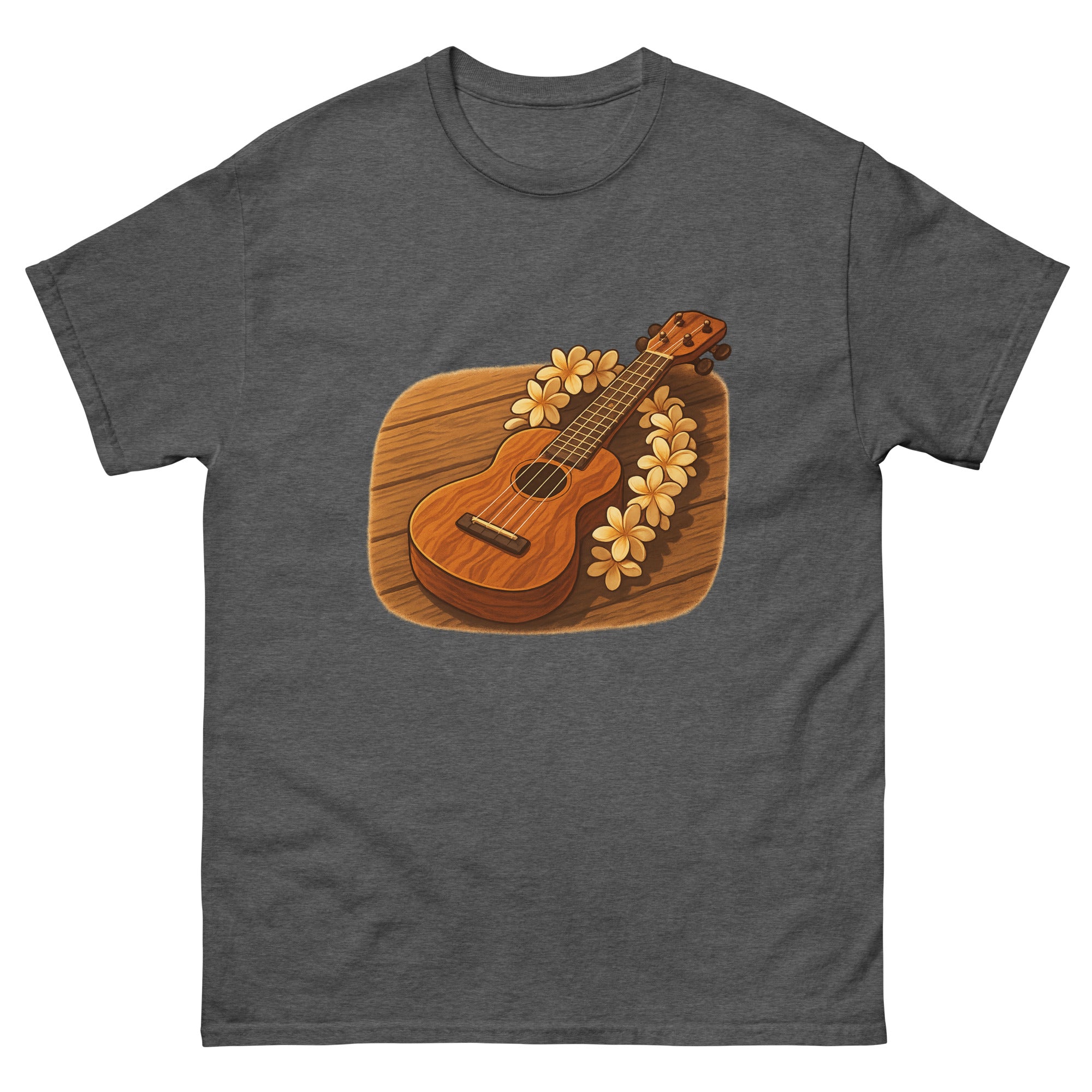 Ukulele And Lei Hawaiian t-shirt design on a Dark Heather unisex tee