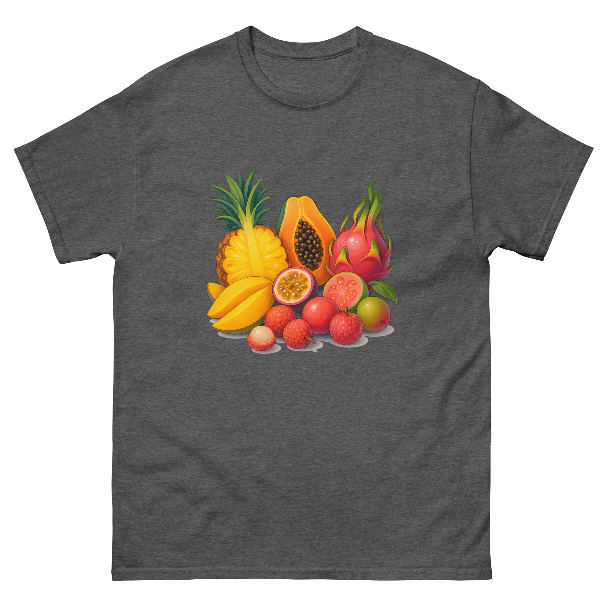 Tropical Fruit Spread Hawaiian t-shirt design on a Dark Heather unisex tee