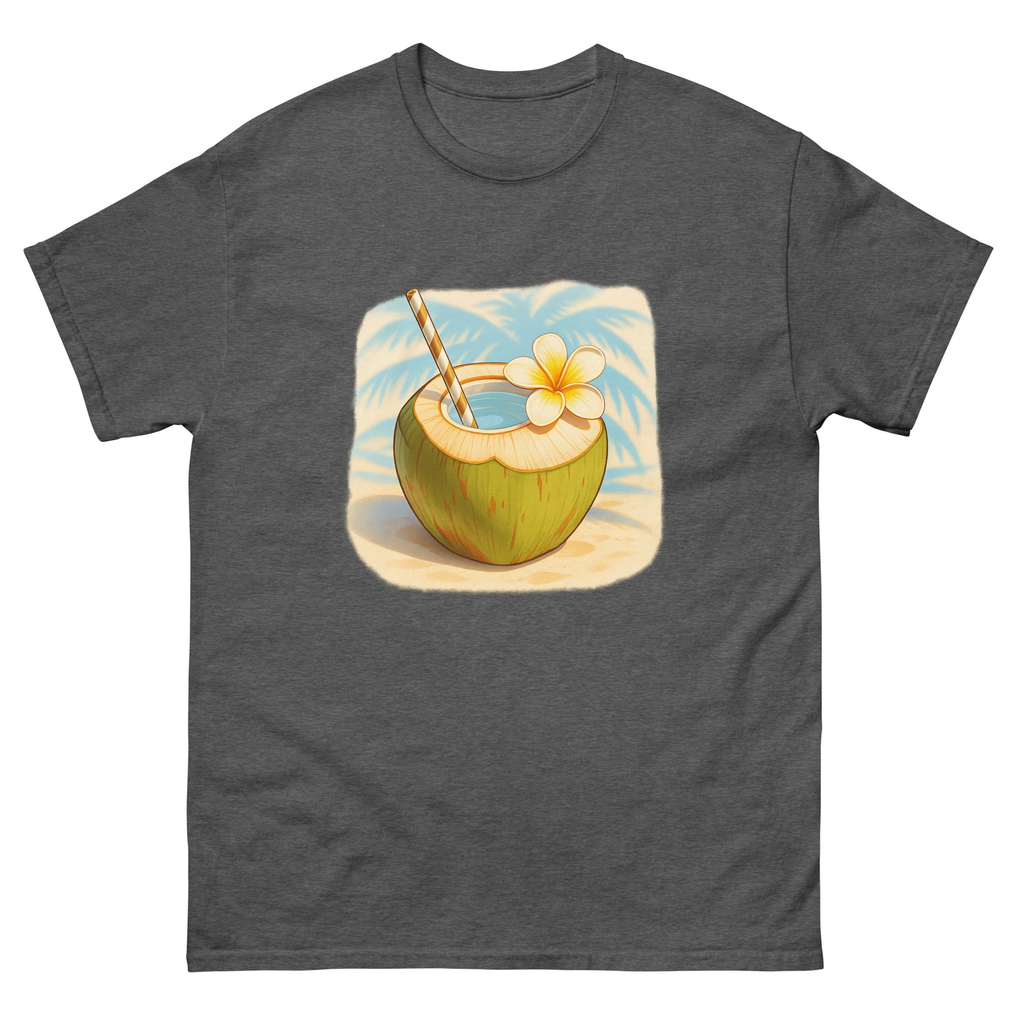 Coconut Drink Hawaiian t-shirt design on a Dark Heather unisex tee
