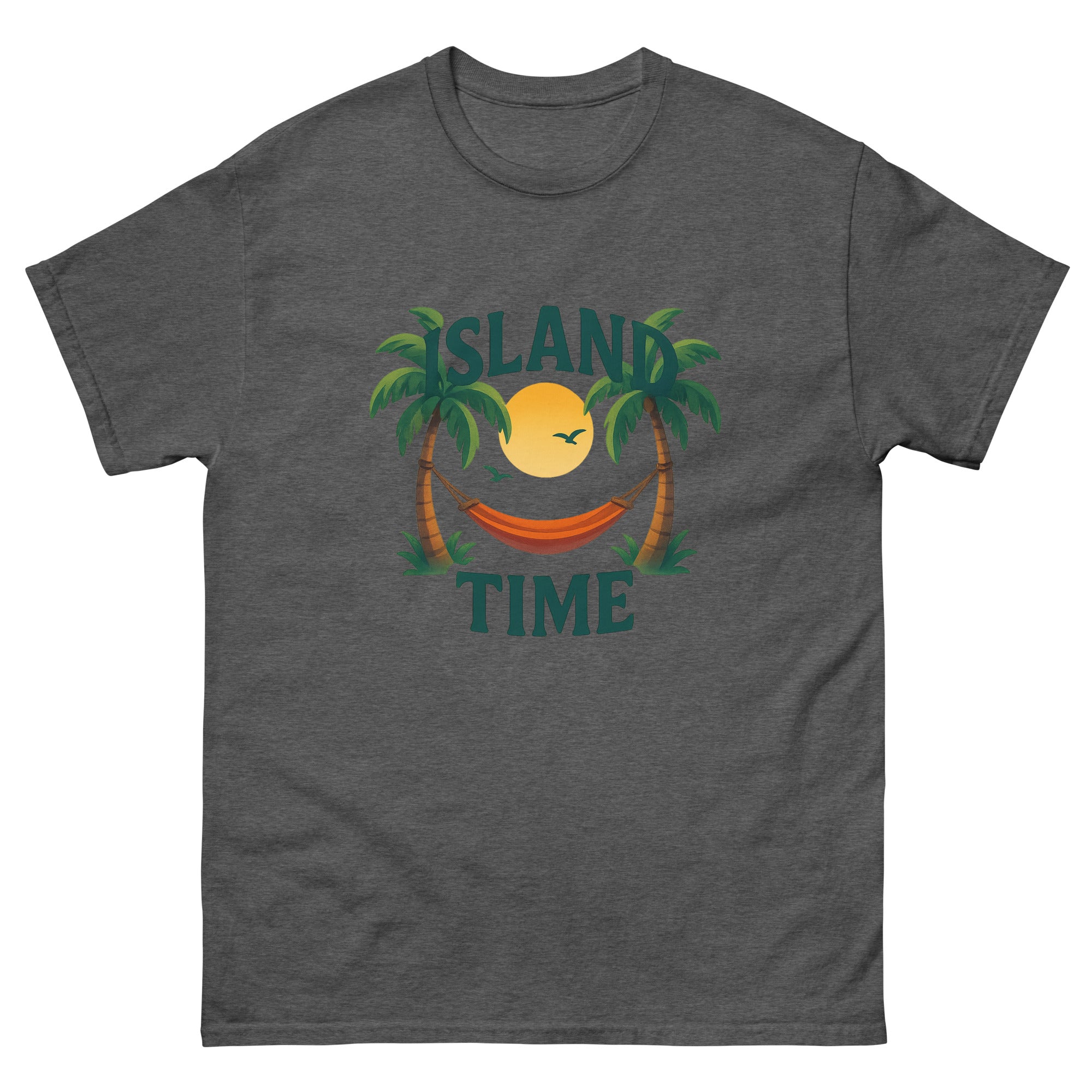 Island Time Type Hawaiian t-shirt design on a Dark Heather unisex tee