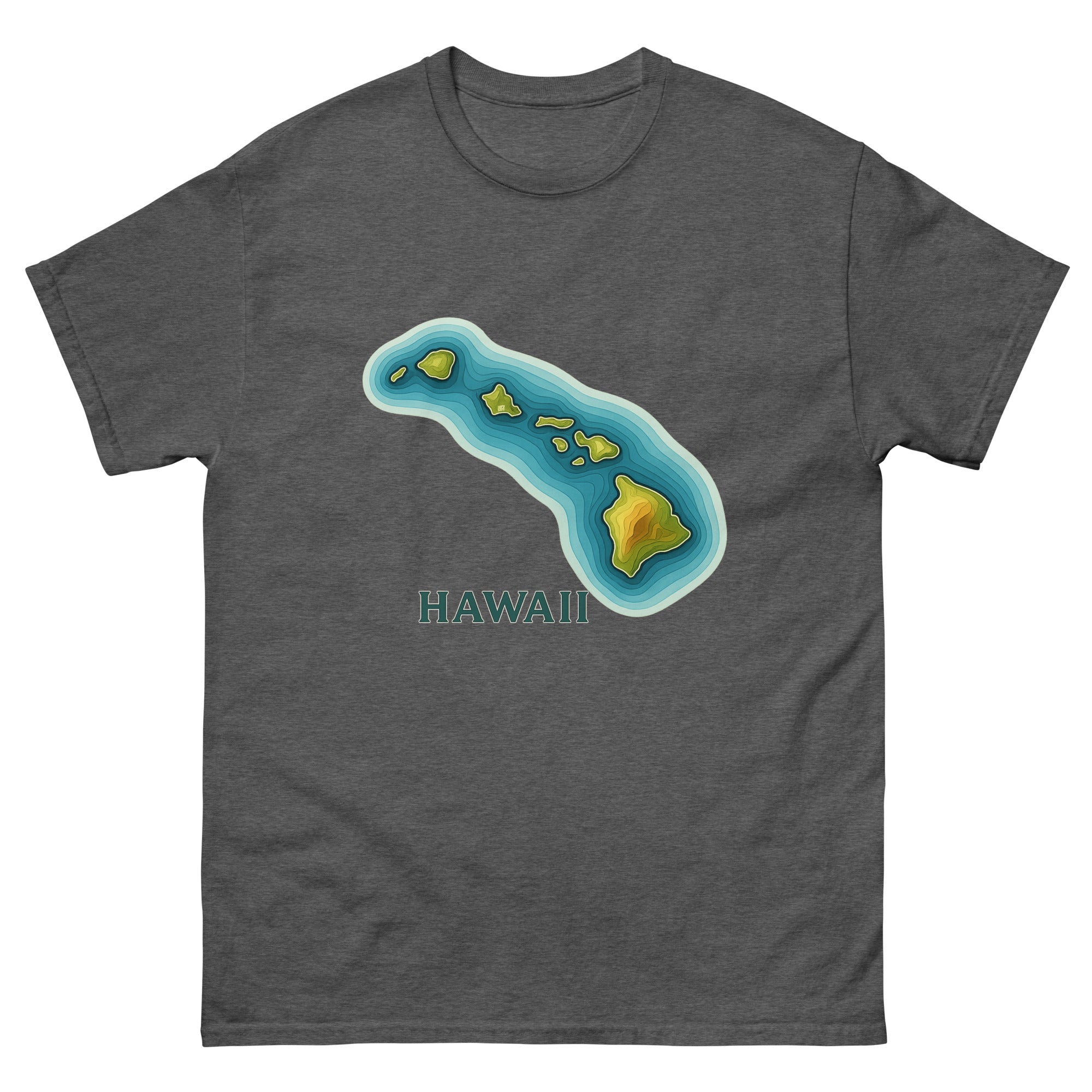 Hawaii Topographic Hawaiian t-shirt design on a Dark Heather unisex tee