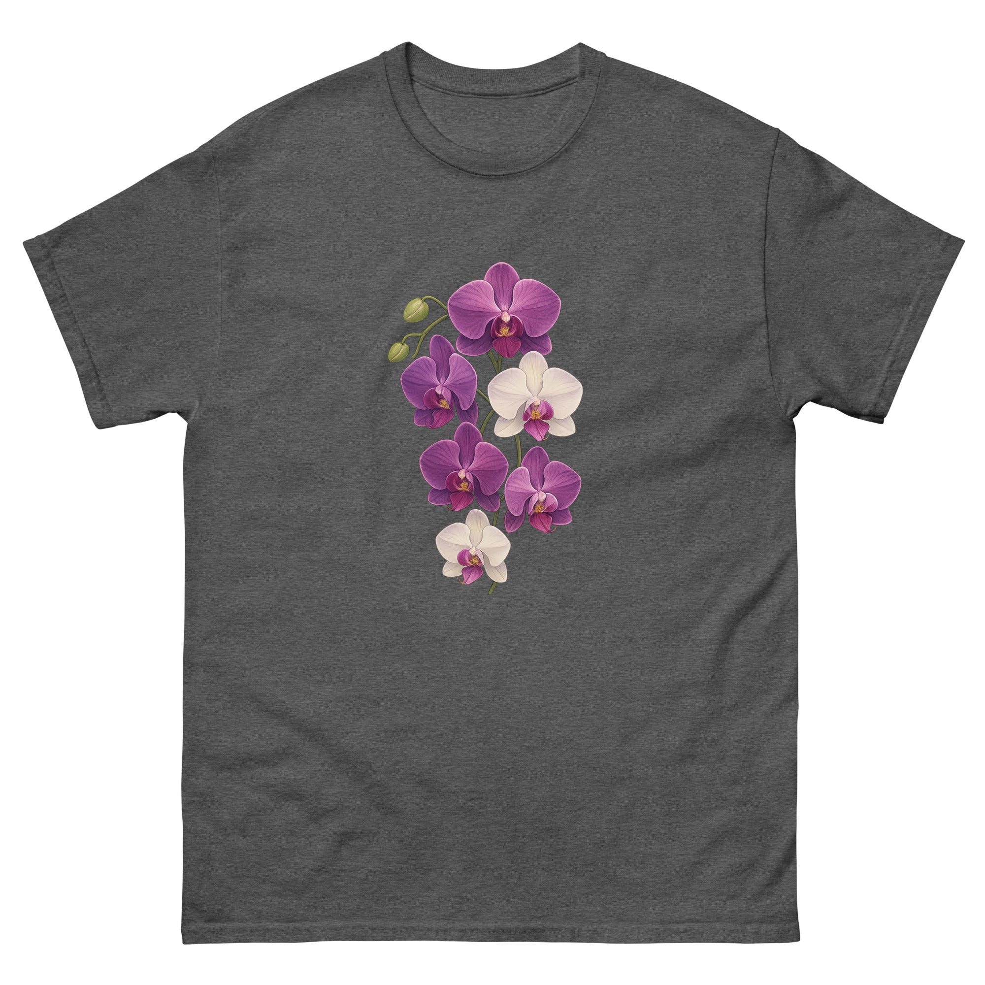 Orchid Cascade Hawaiian t-shirt design on a Dark Heather unisex tee