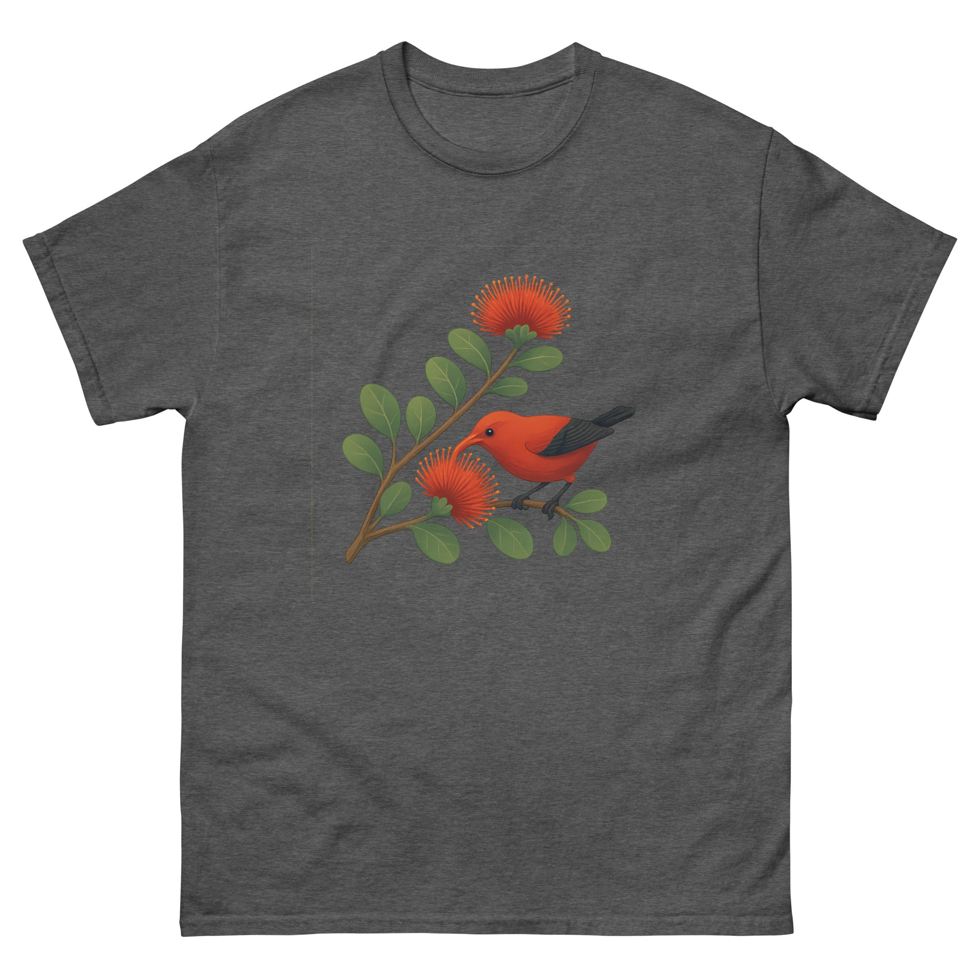 Ohia Lehua And Iiwi Hawaiian t-shirt design on a Dark Heather unisex tee