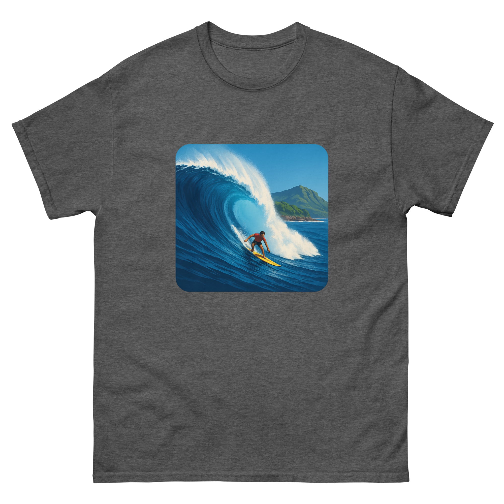 Waimea Bay Drop Hawaiian t-shirt design on a Dark Heather unisex tee