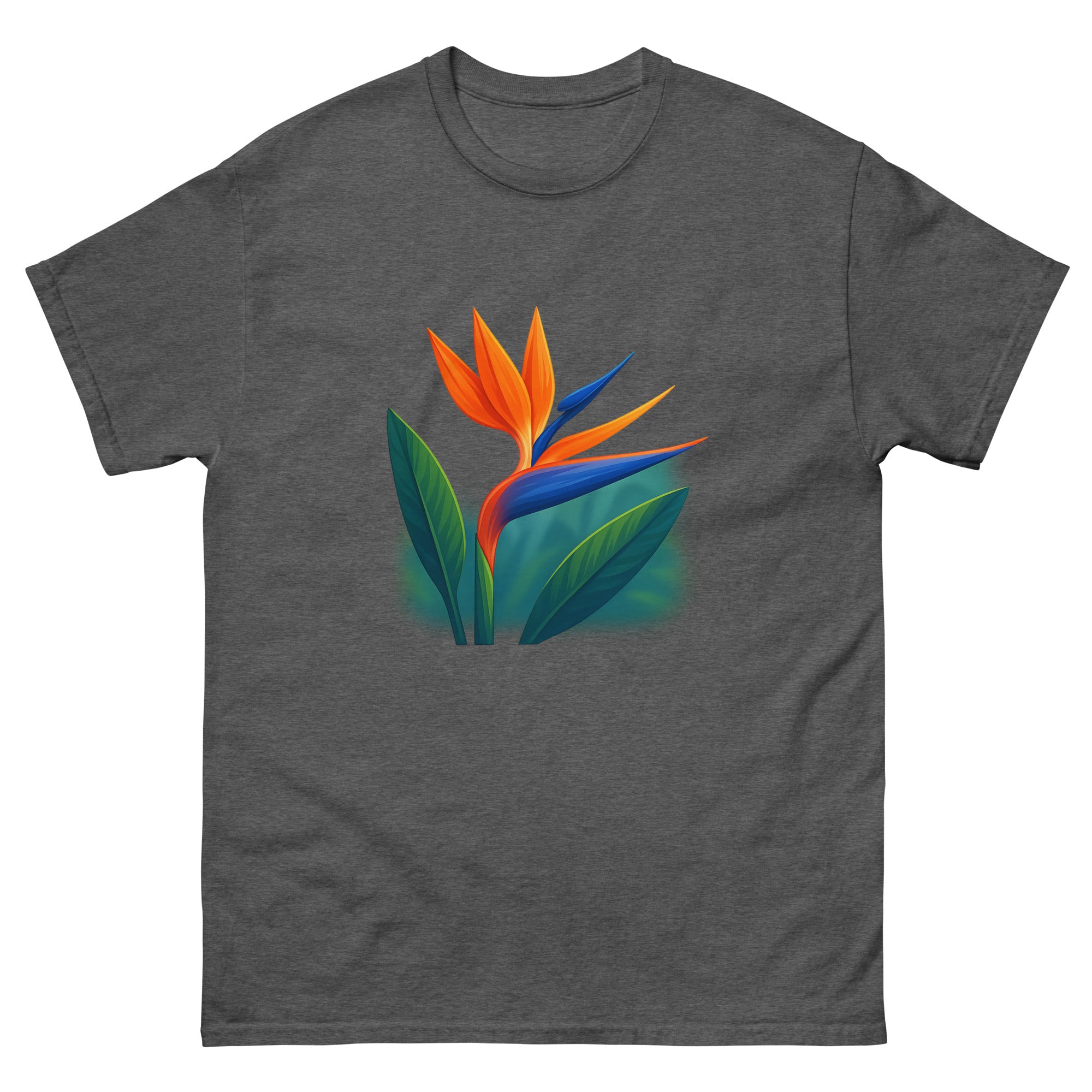 Bird Of Paradise Hawaiian t-shirt design on a Dark Heather unisex tee