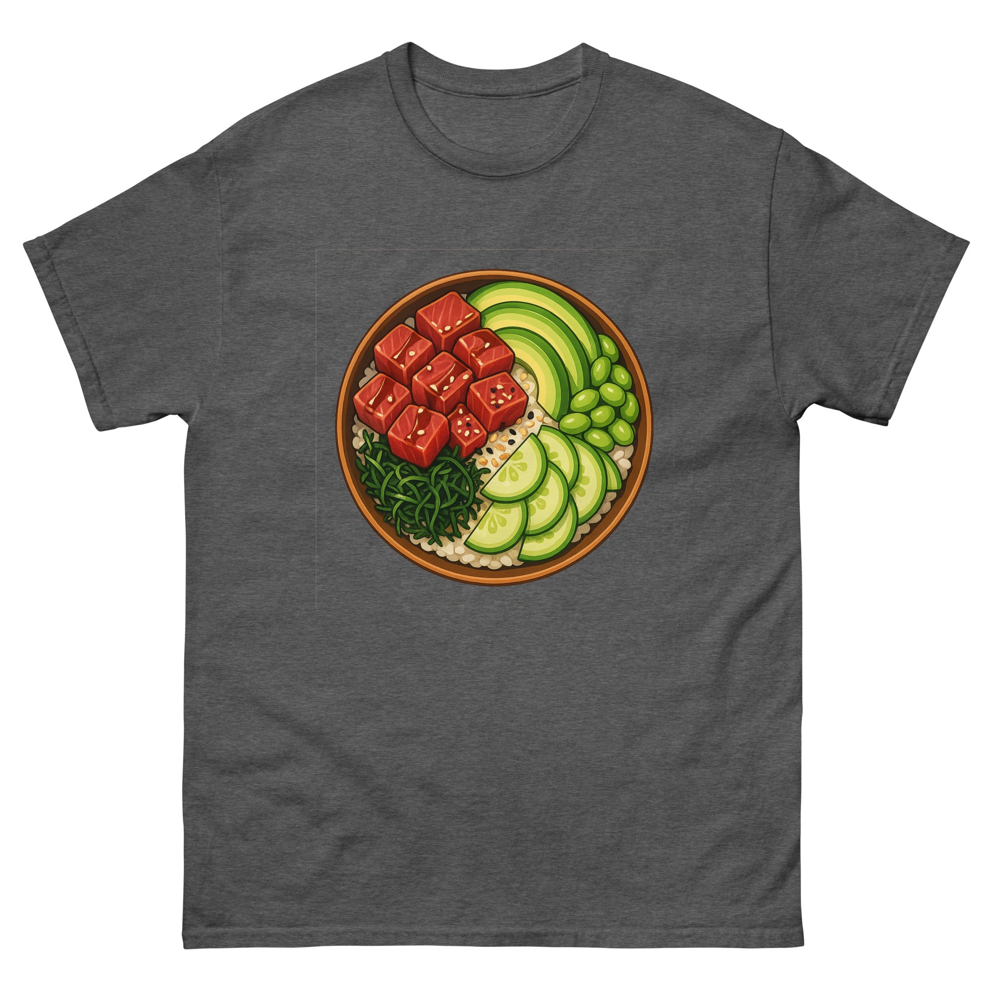 Poke Bowl Hawaiian t-shirt design on a Dark Heather unisex tee