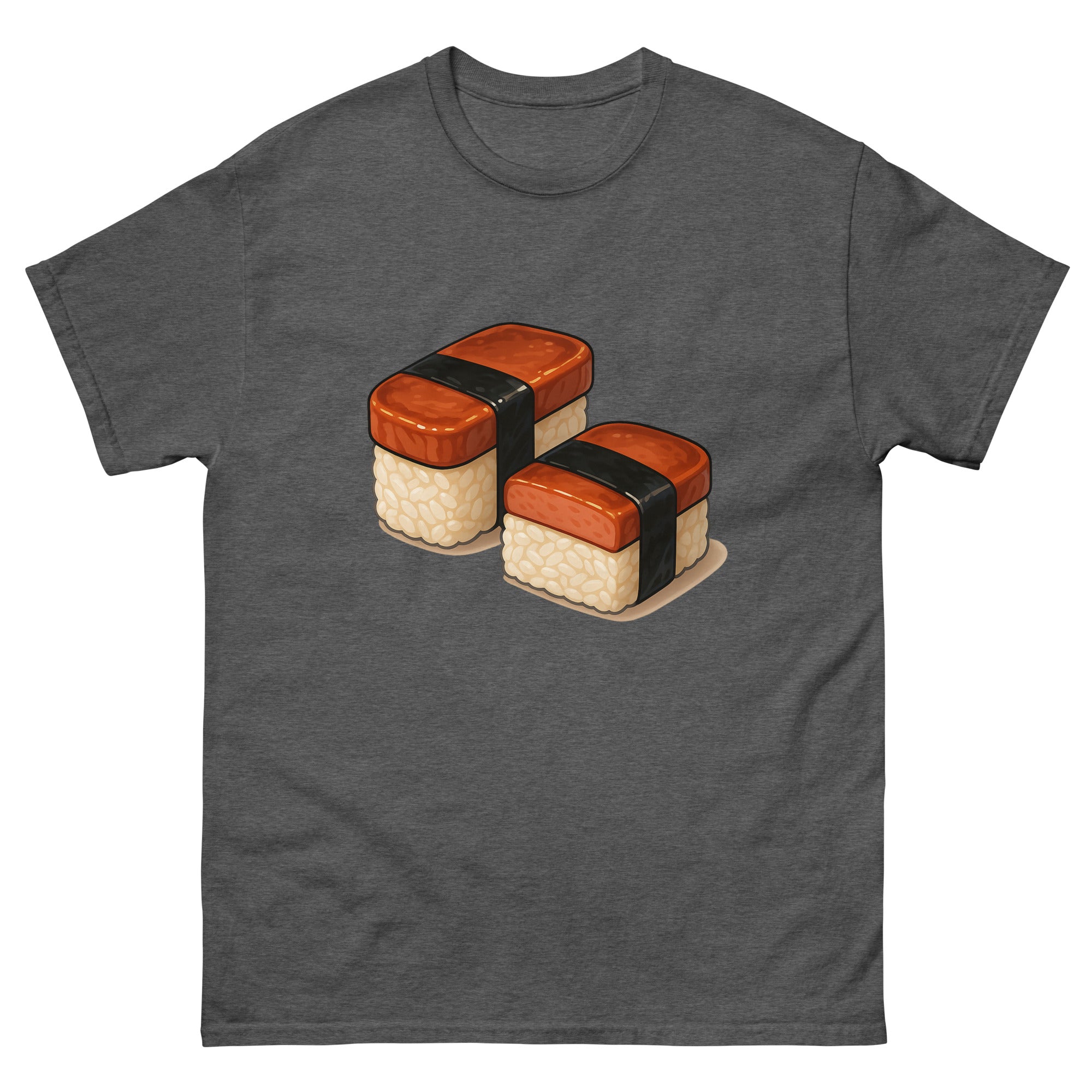 Spam Musubi Hawaiian t-shirt design on a Dark Heather unisex tee