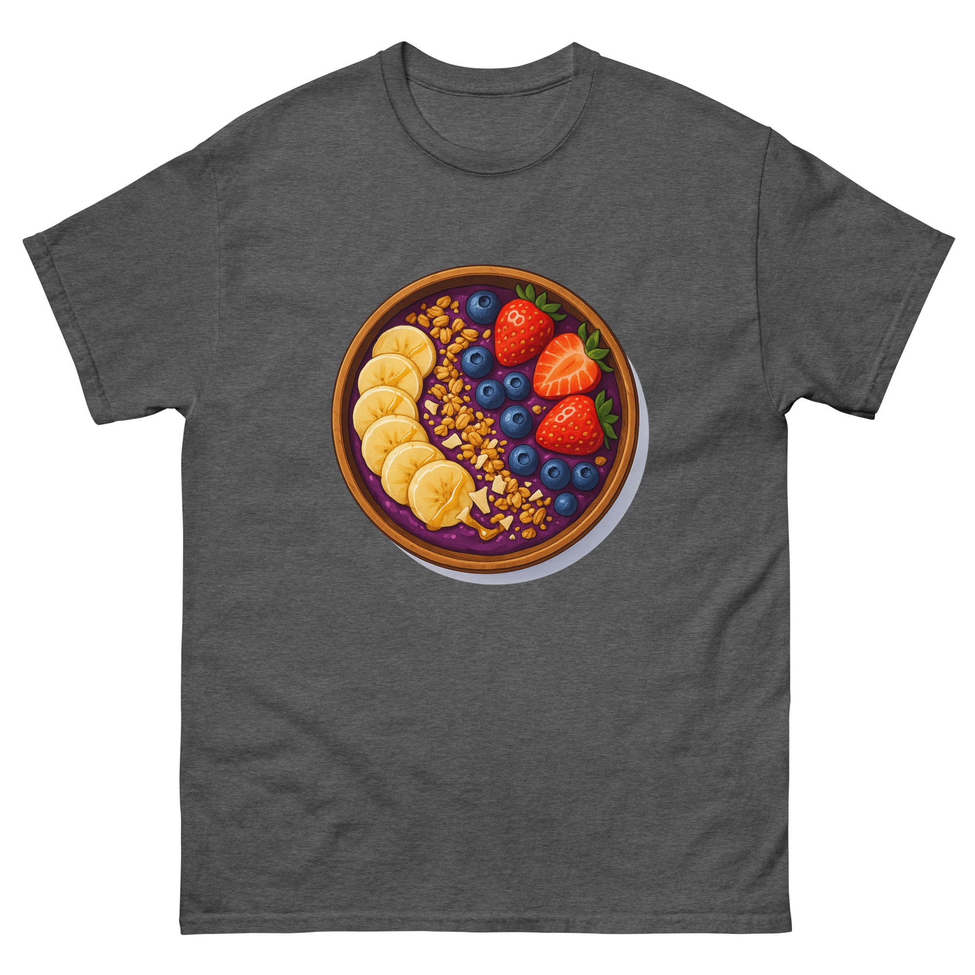 Acai Bowl Hawaiian t-shirt design on a Dark Heather unisex tee