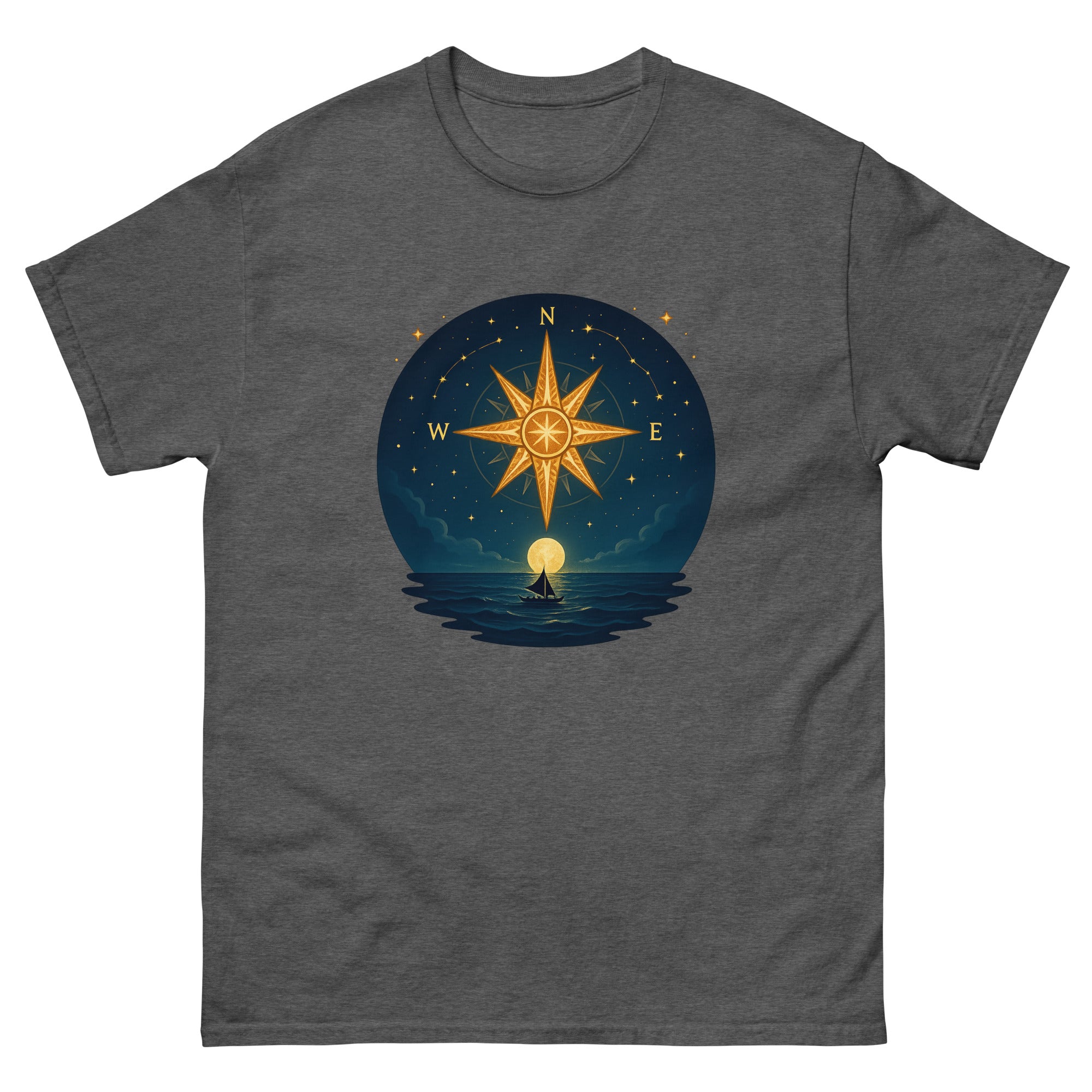 Wayfinding Stars Hawaiian t-shirt design on a Dark Heather unisex tee