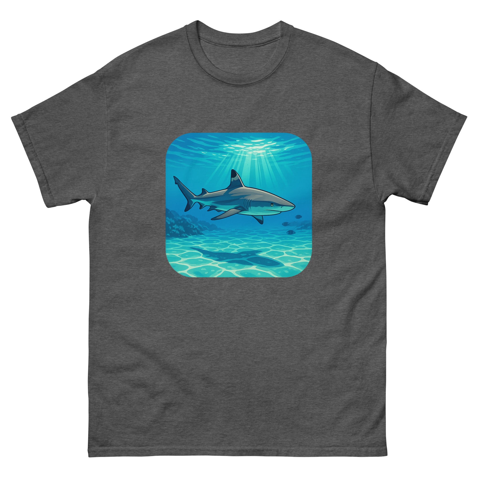 Reef Shark Cruise Hawaiian t-shirt design on a Dark Heather unisex tee