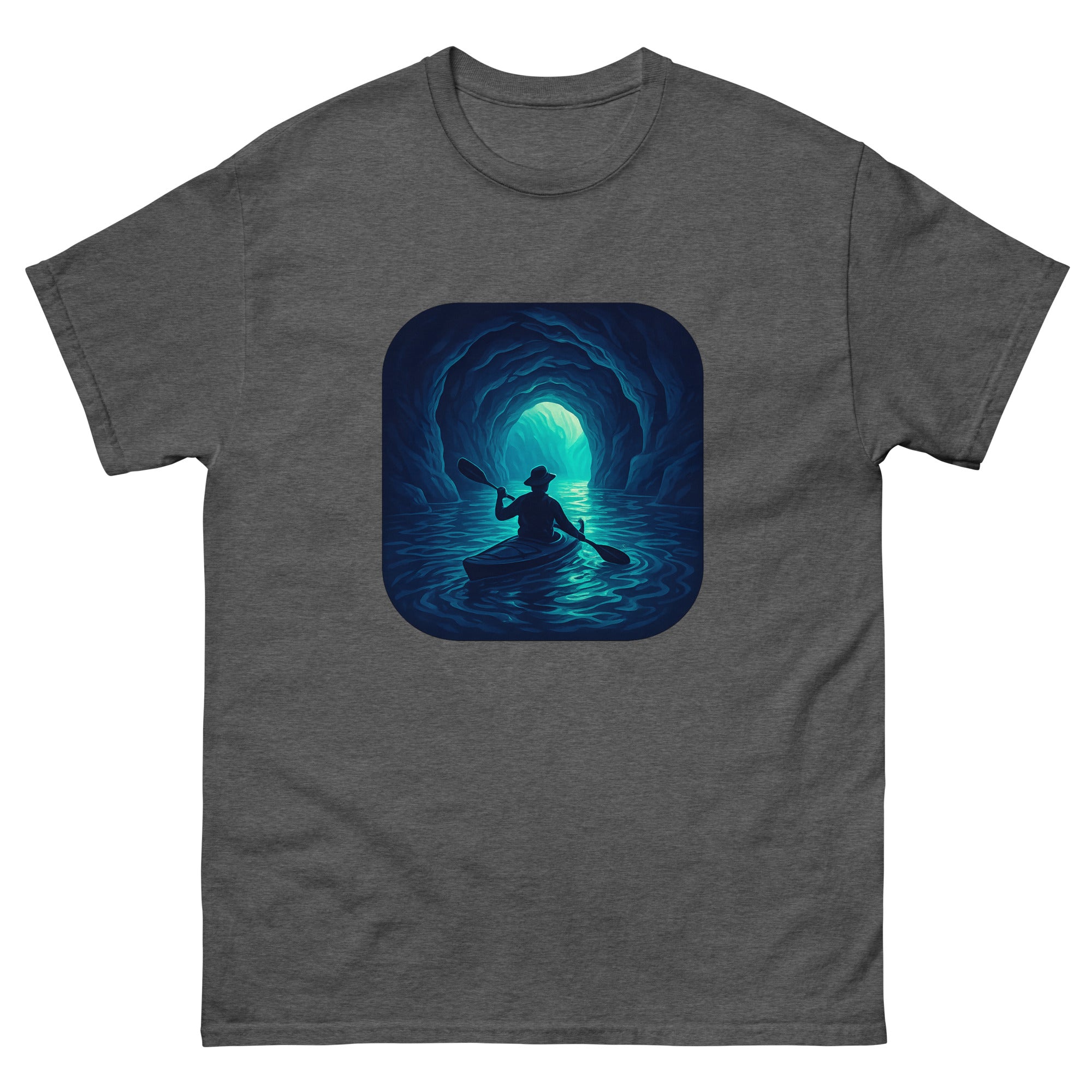 Sea Cave Kayak Hawaiian t-shirt design on a Dark Heather unisex tee