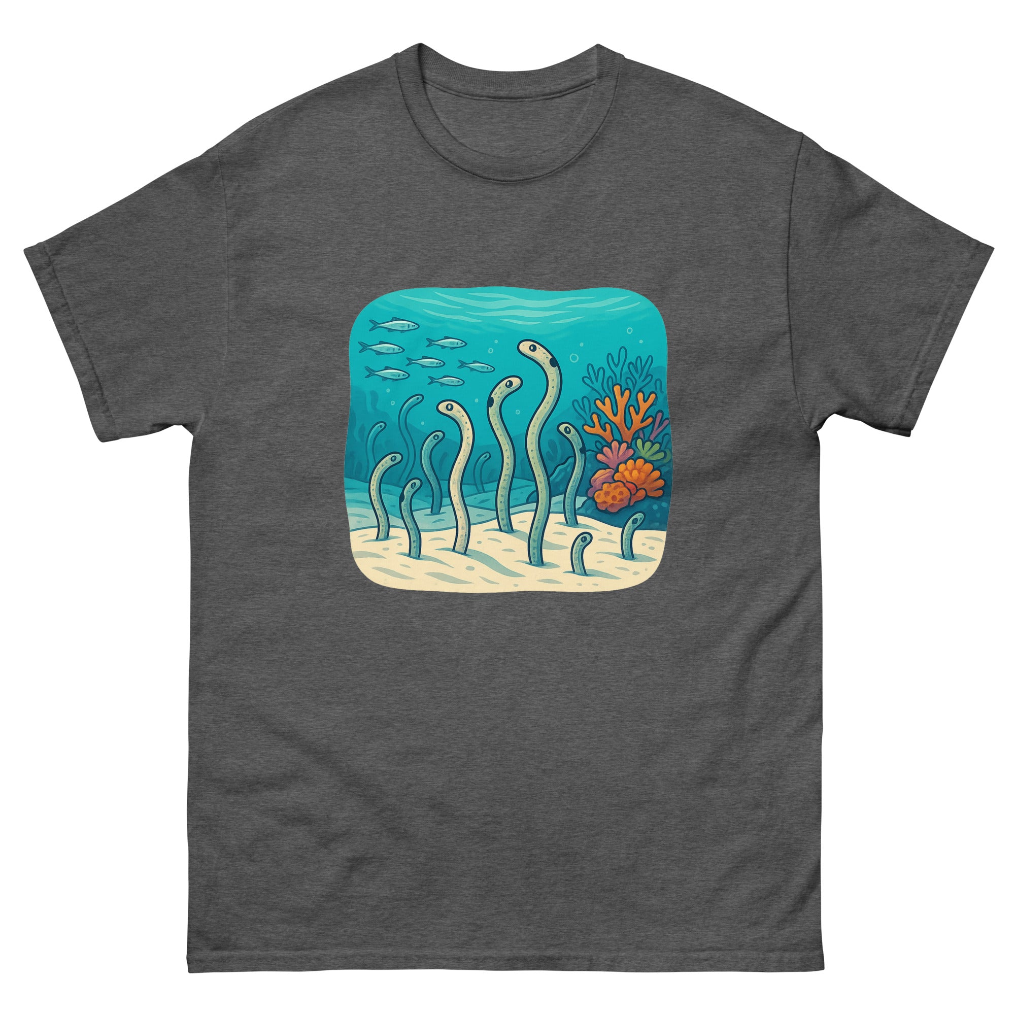 Garden Eels Reef Hawaiian t-shirt design on a Dark Heather unisex tee