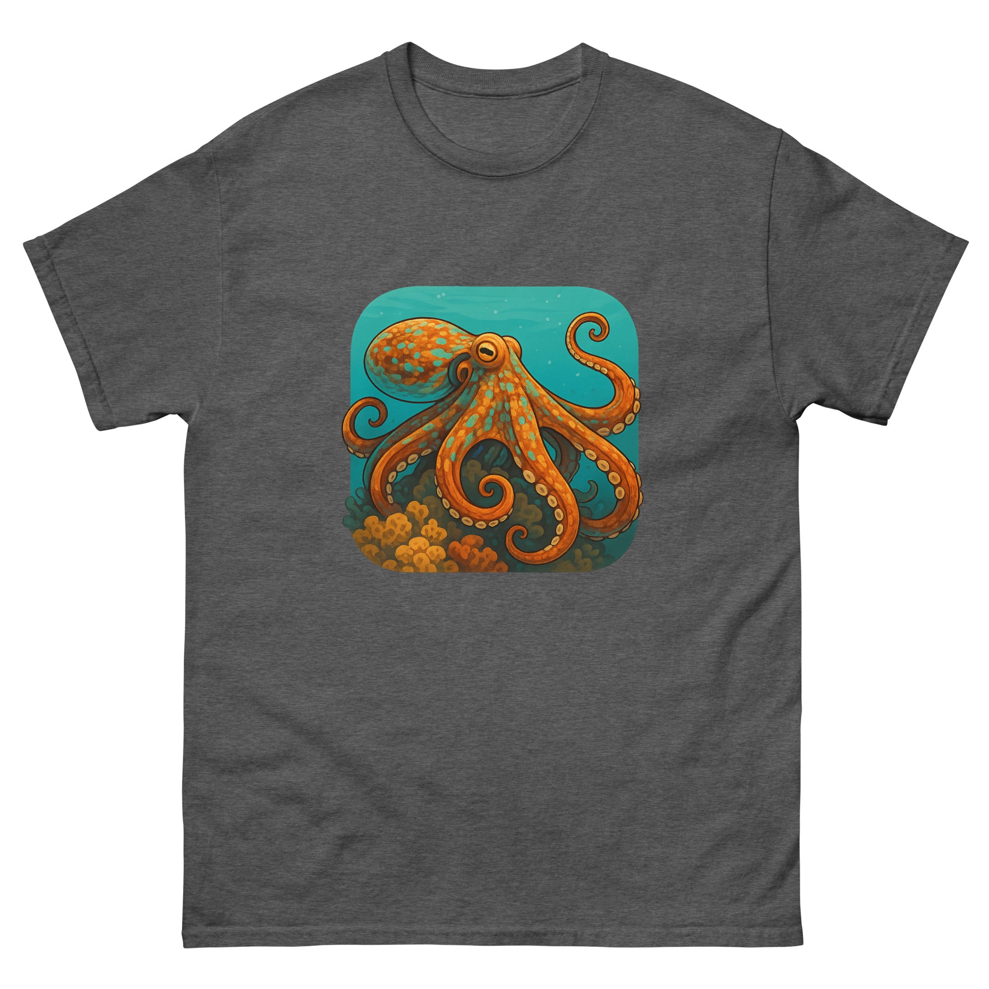 Octopus On The Reef Hawaiian t-shirt design on a Dark Heather unisex tee