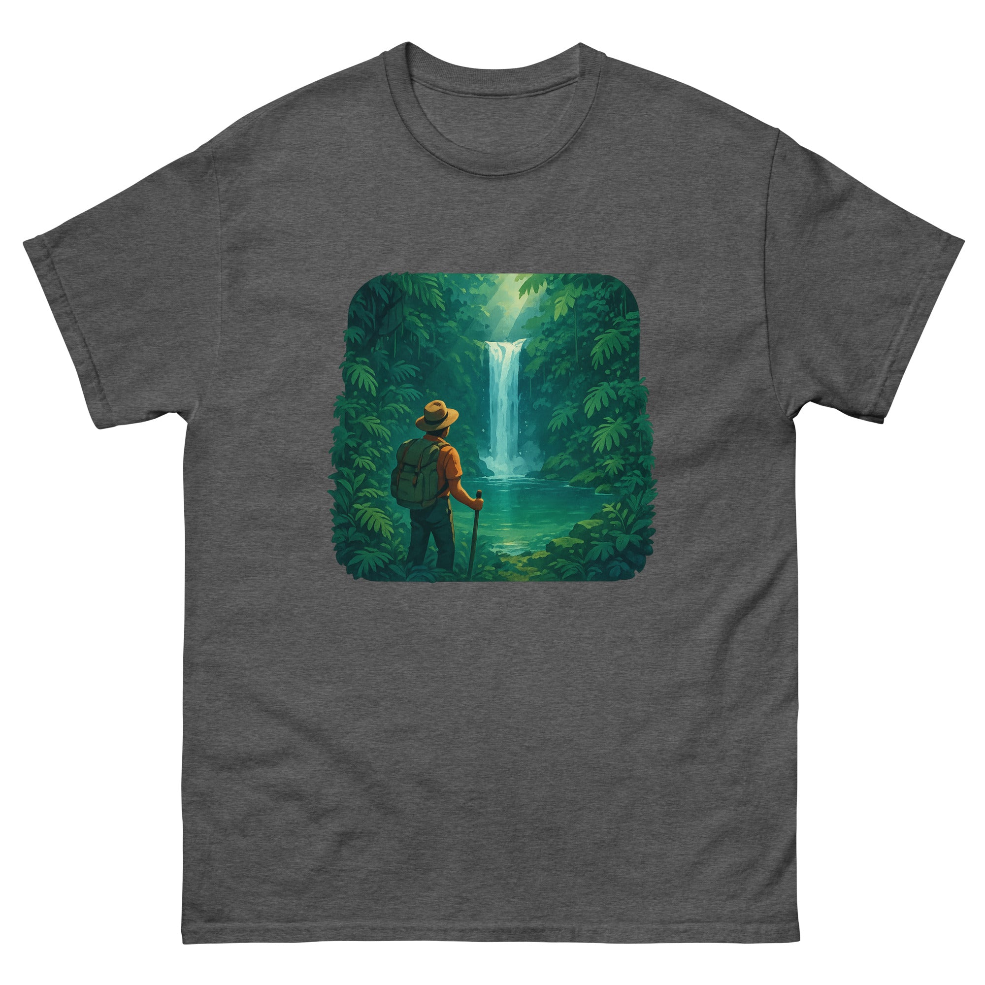 Waterfall Hike Hawaiian t-shirt design on a Dark Heather unisex tee