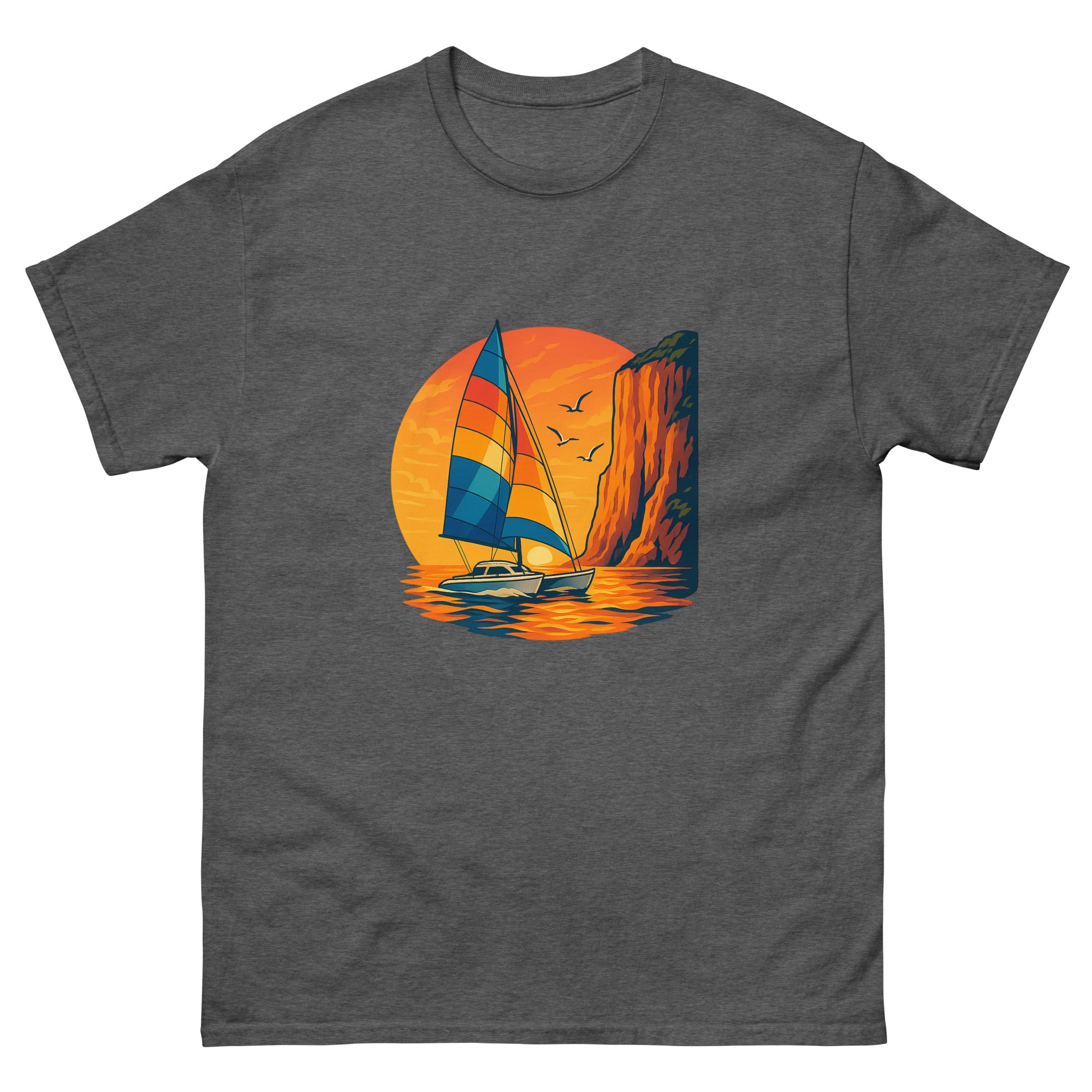 Catamaran Sunset Sail Hawaiian t-shirt design on a Dark Heather unisex tee
