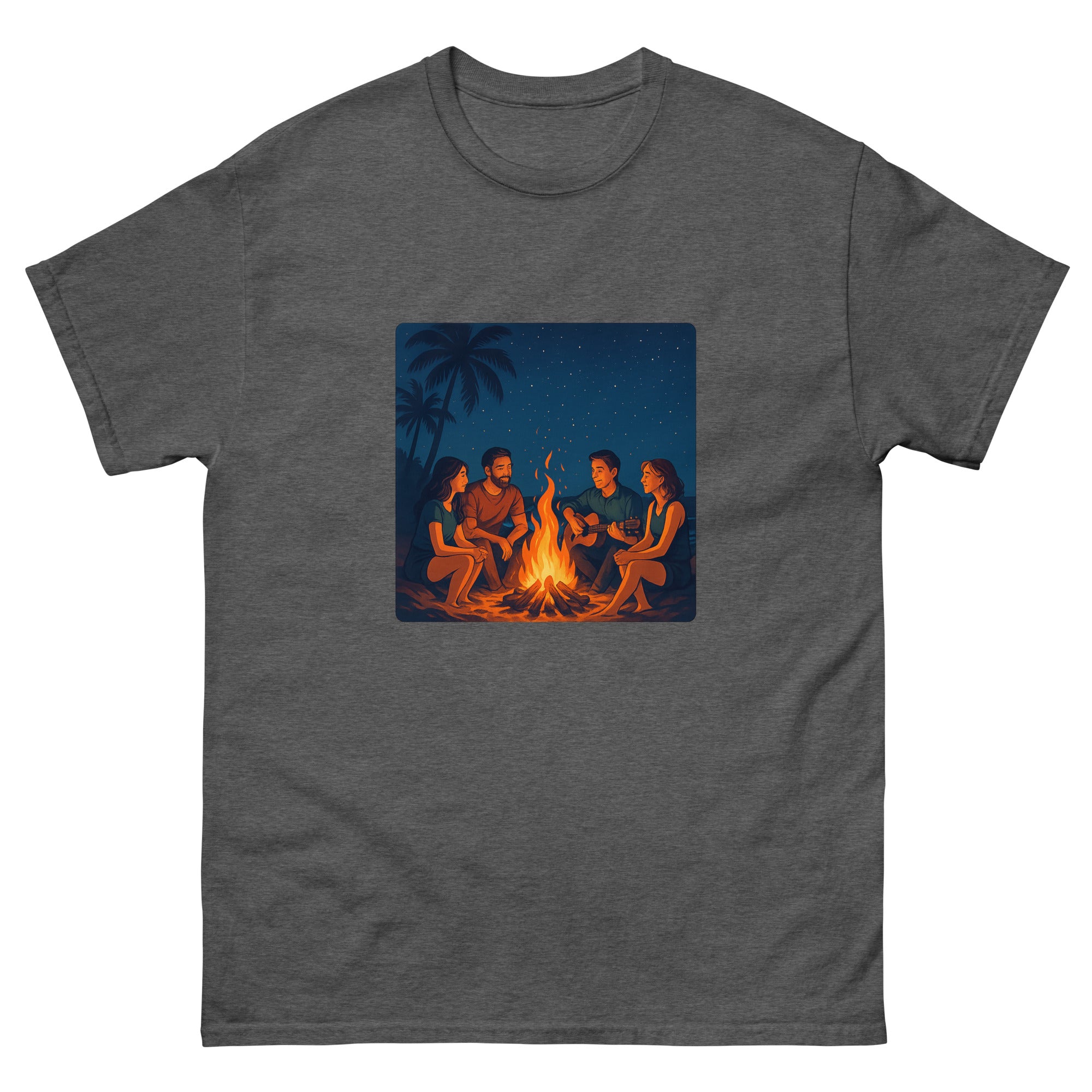 Beach Bonfire Night Hawaiian t-shirt design on a Dark Heather unisex tee