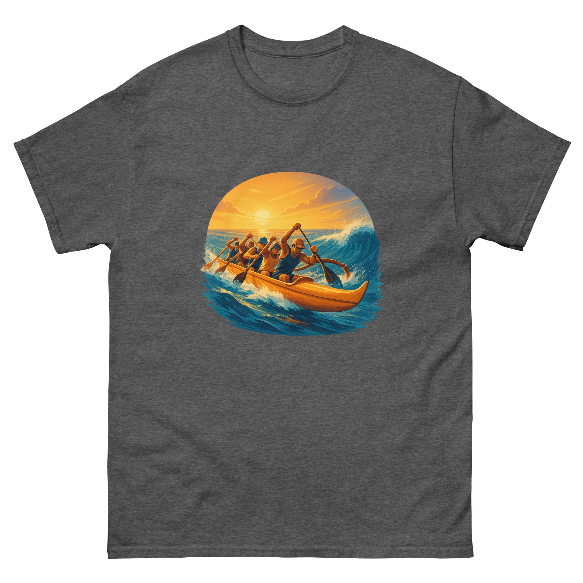 Outrigger Canoe Paddlers Hawaiian t-shirt design on a Dark Heather unisex tee
